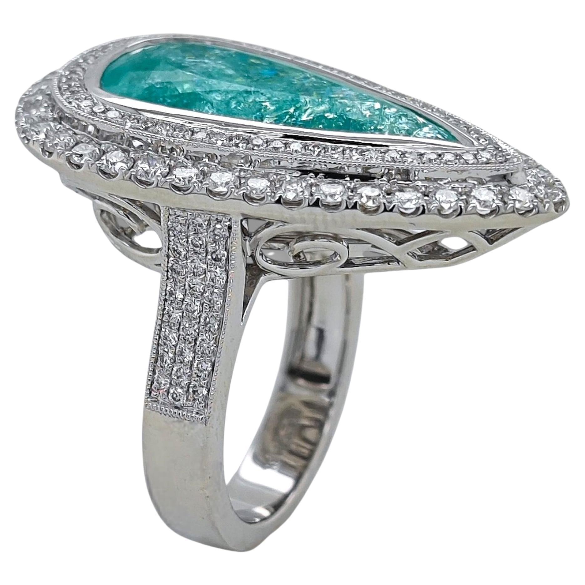 Anello in oro bianco con diamante rotondo Paraiba blu verdastro a pera da 12,38 carati