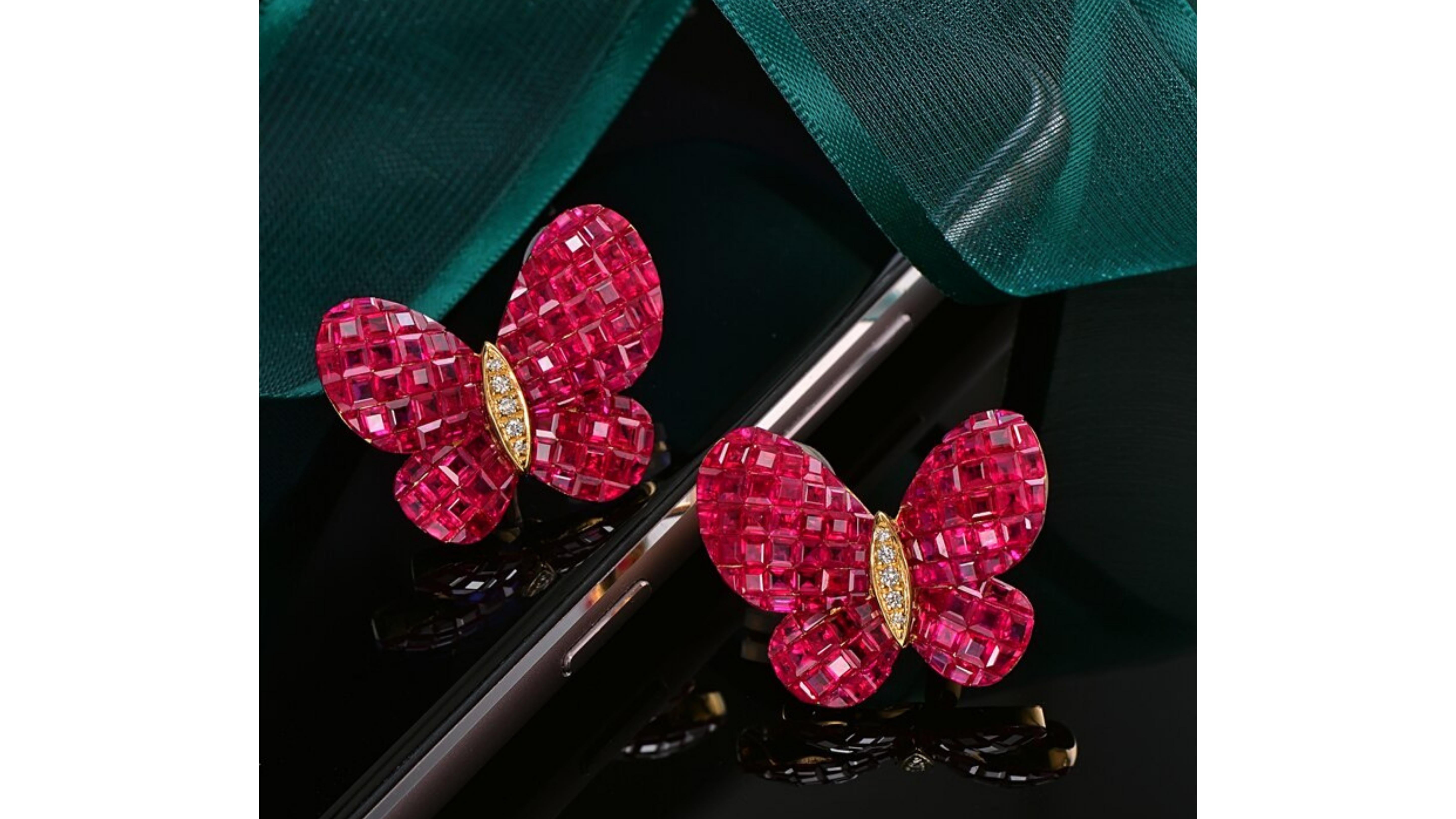 
12.38 Carat Ruby Diamond  Butterfly Earrings 18 Karat Yellow Gold  .These are made with Ruby stones and  5 white diamonds  do stand out and can be made to suite too if you have any specific request as the last photo shows what you can also have. 