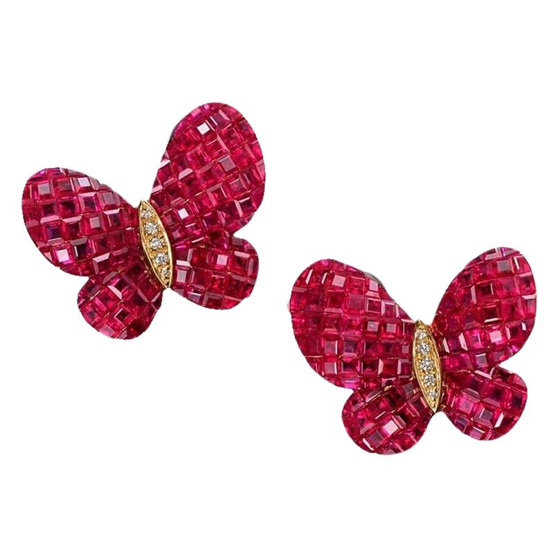 12.38 Carat Ruby Diamond  Butterfly Earrings 18 Karat Yellow Gold For Sale