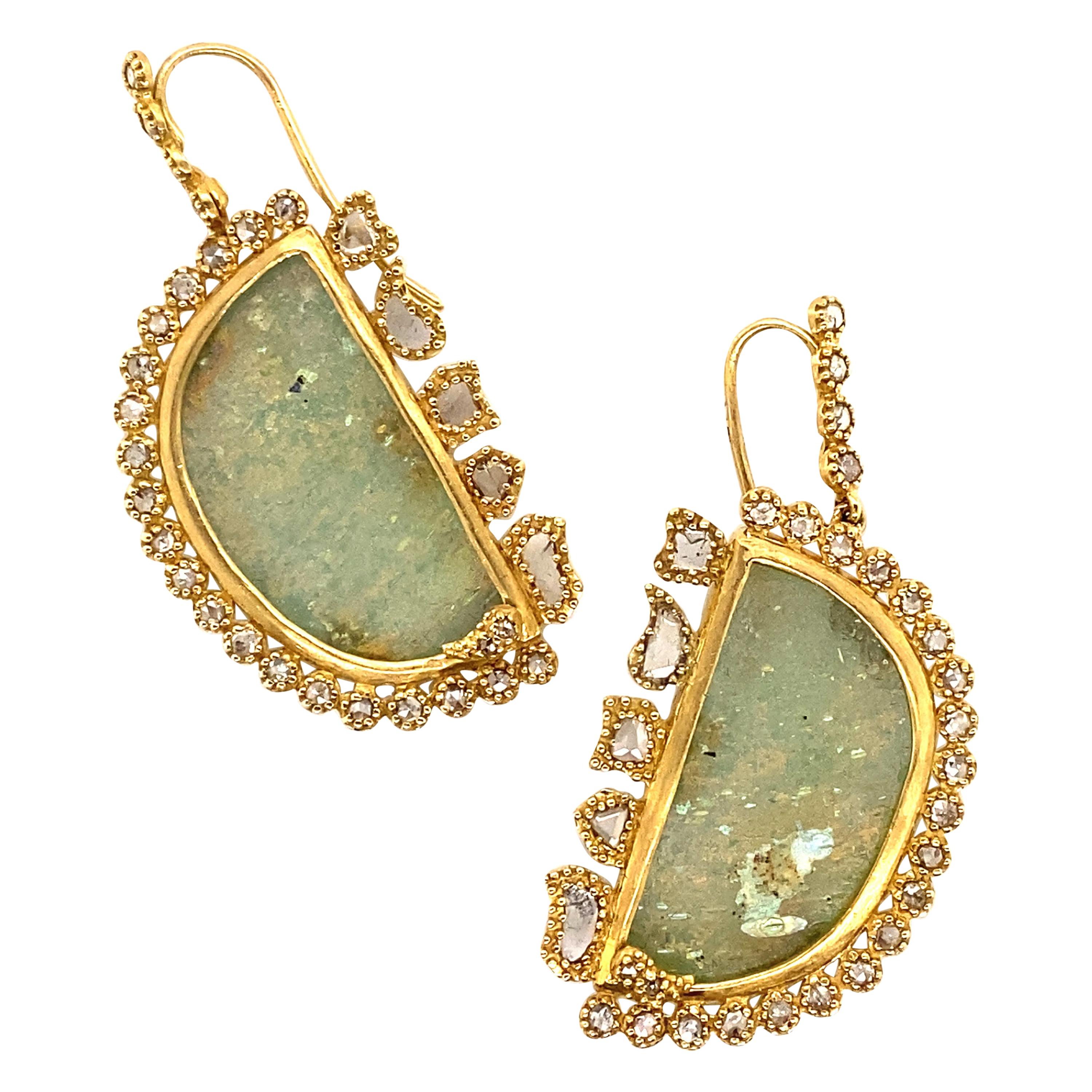 12.39 Carat Ancient Roman Glass Dangle Earrings with Diamonds