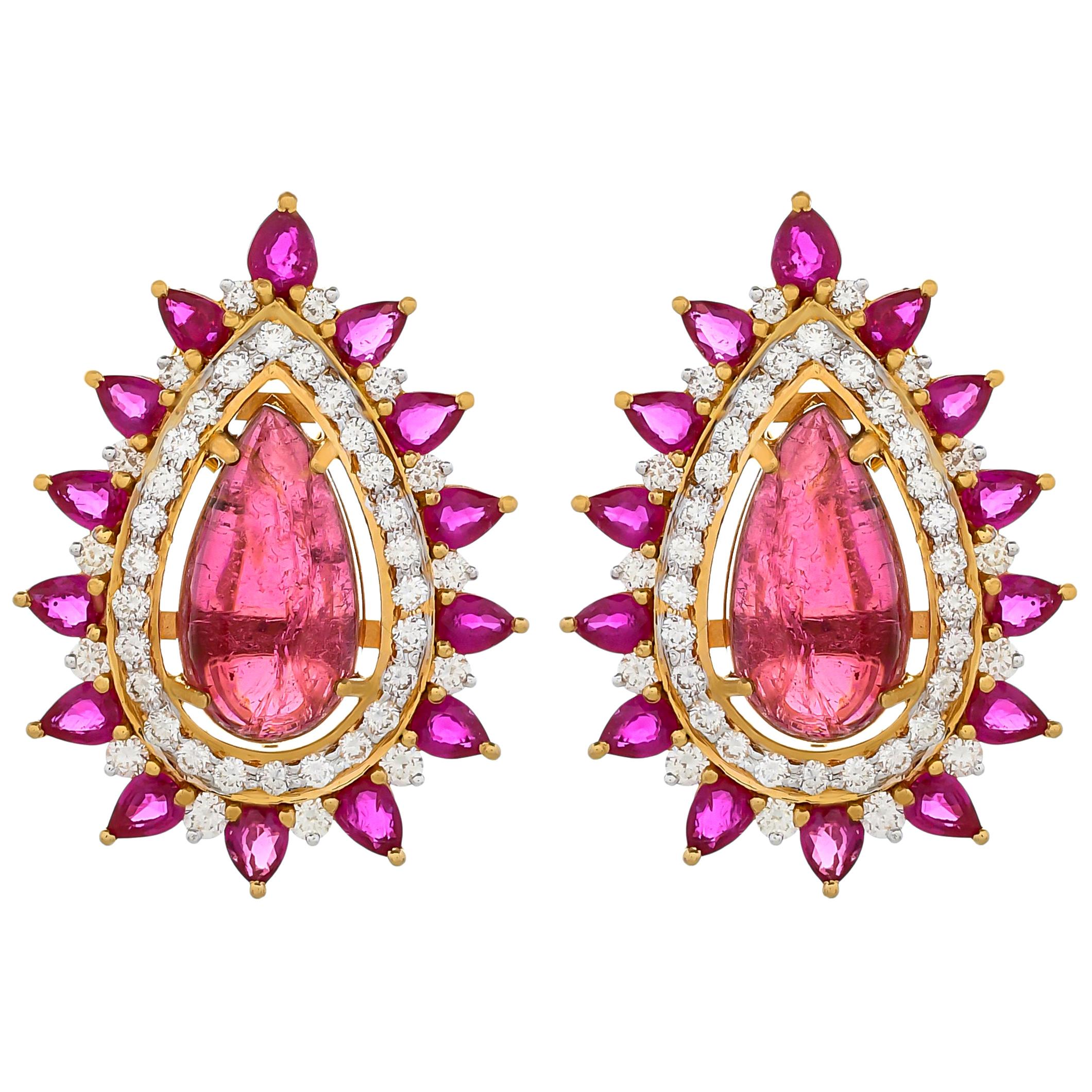 12.39 Carat Rubellite Diamond And Ruby 18 Karat Yellow Gold Stud Earrings For Sale