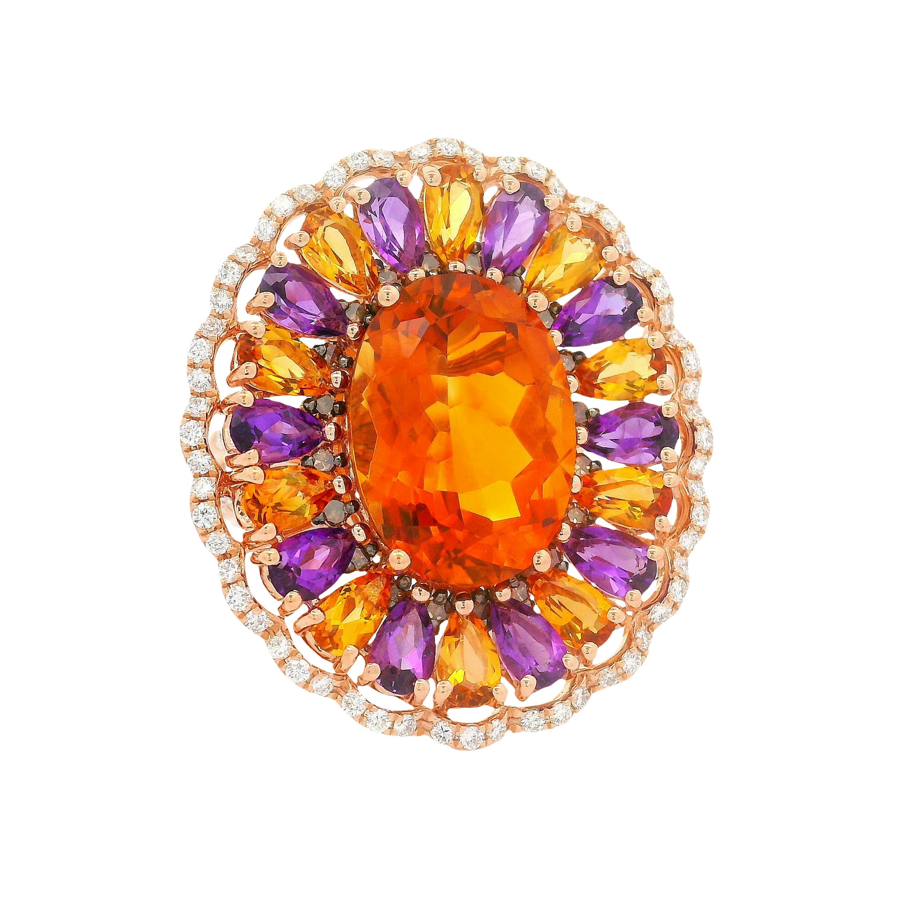 Ein exquisiter Citrin im Ovalschliff steht im Mittelpunkt dieses modernen Moderinges. Der Citrin besticht durch seine leuchtend orangefarbene Farbe. Um den Citrin herum sind weiße Diamanten im Rundschliff mit einem Gesamtgewicht von 0,98 Karat
