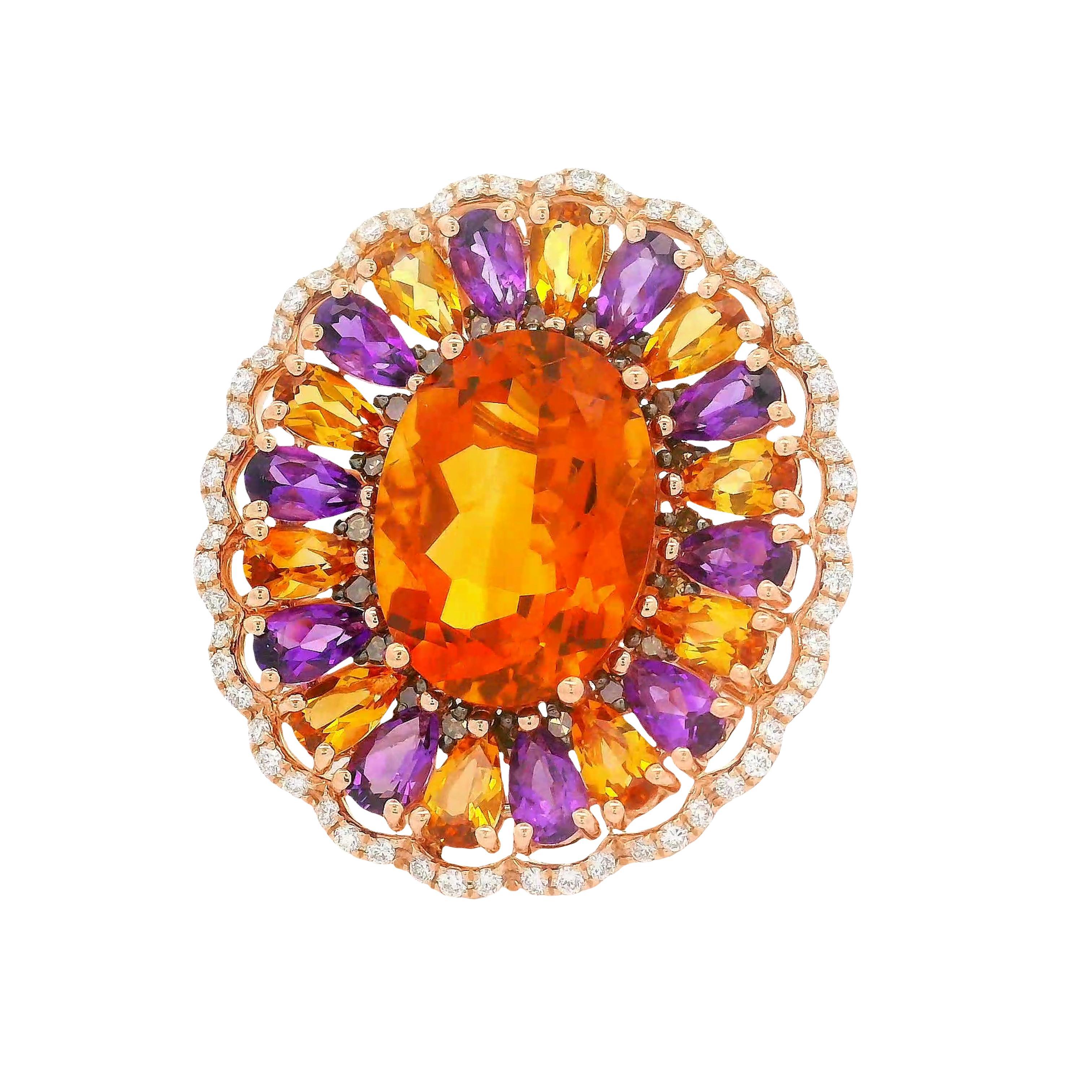 12,39 Karat mehrfarbige Edelsteine Diamant 14K Rose Gold Sonnenblume Halo Ring (Zeitgenössisch) im Angebot