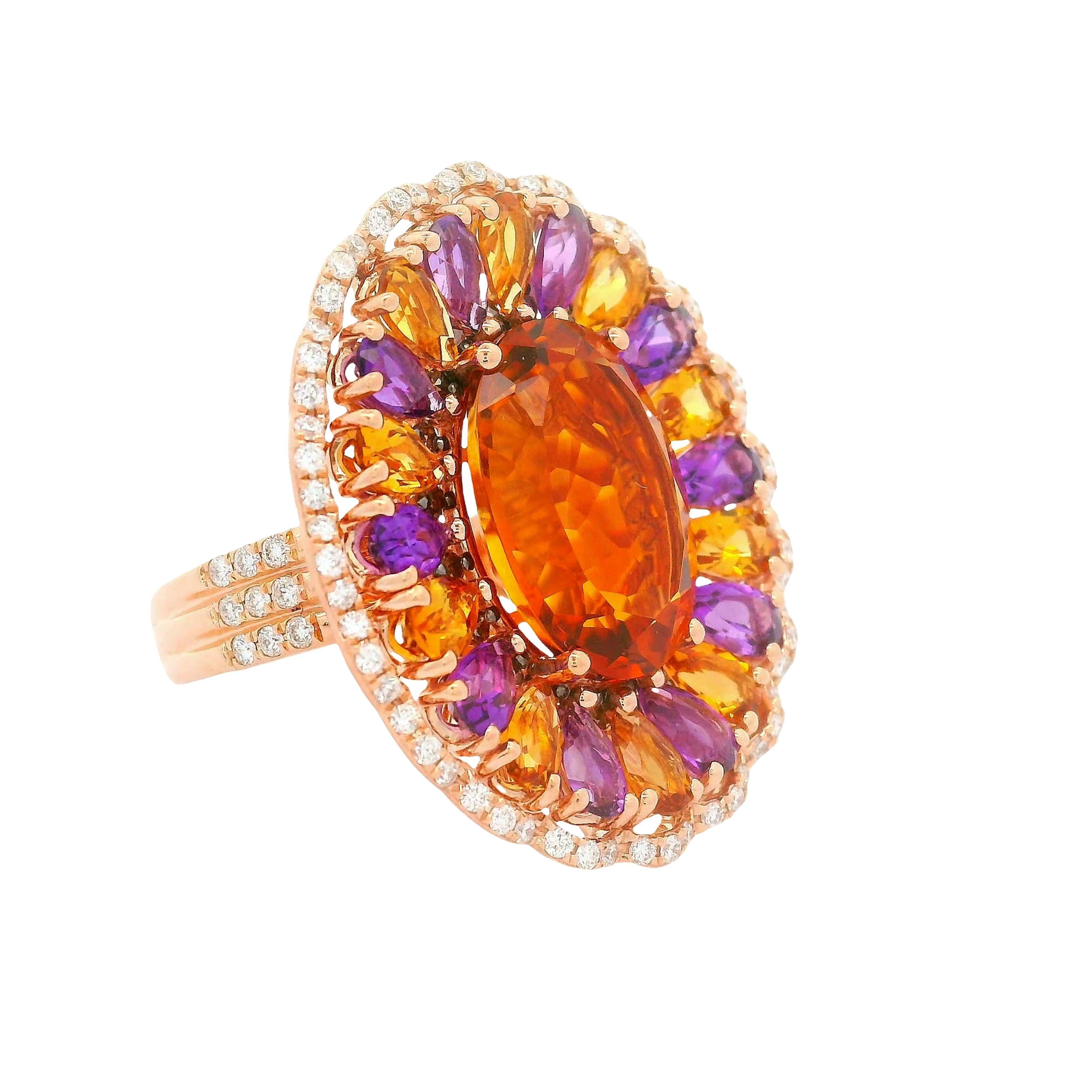 12,39 Karat mehrfarbige Edelsteine Diamant 14K Rose Gold Sonnenblume Halo Ring (Ovalschliff) im Angebot