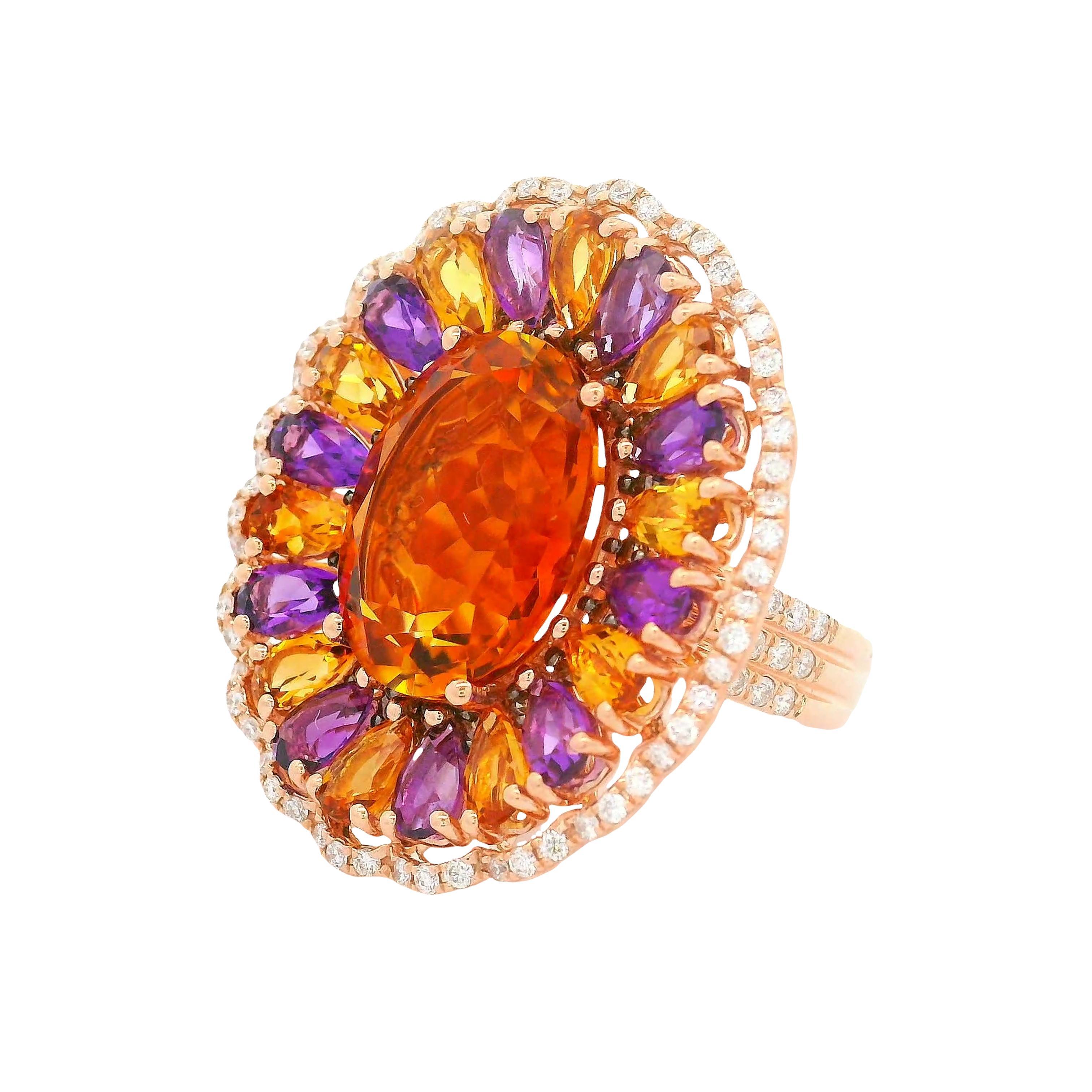 12,39 Karat mehrfarbige Edelsteine Diamant 14K Rose Gold Sonnenblume Halo Ring im Zustand „Hervorragend“ im Angebot in Beverly Hills, CA