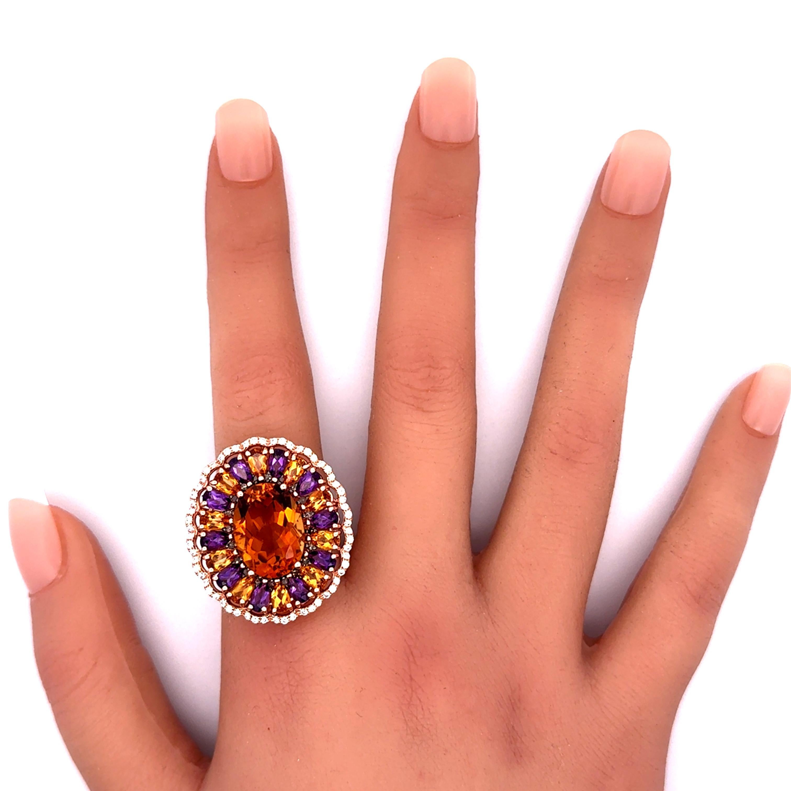 12,39 Karat mehrfarbige Edelsteine Diamant 14K Rose Gold Sonnenblume Halo Ring Damen im Angebot