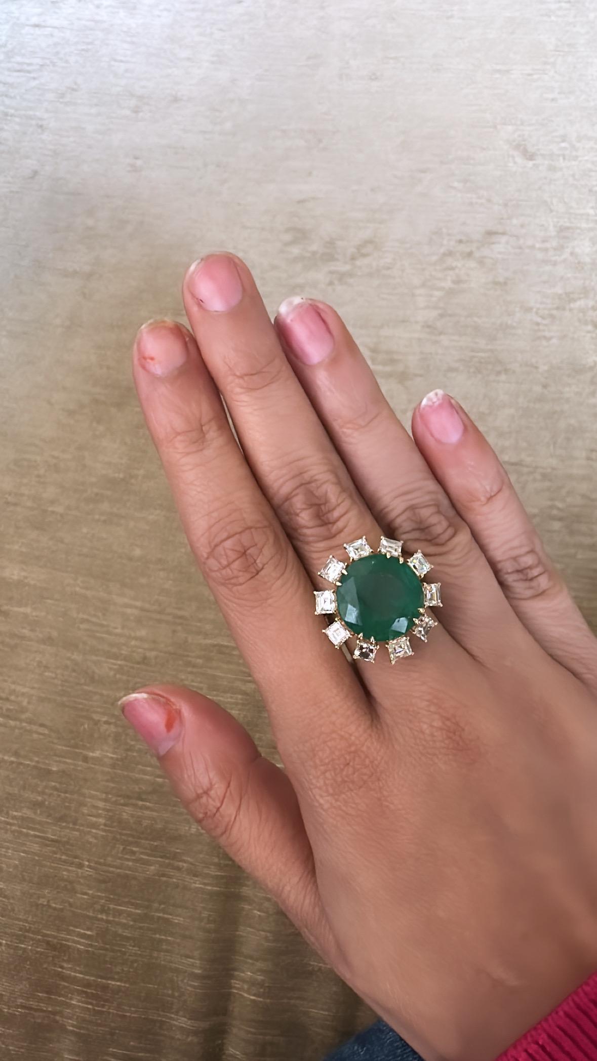 12.39 carats, natural Zambian Emerald & Yellow princess Diamonds Cocktail Ring For Sale 1