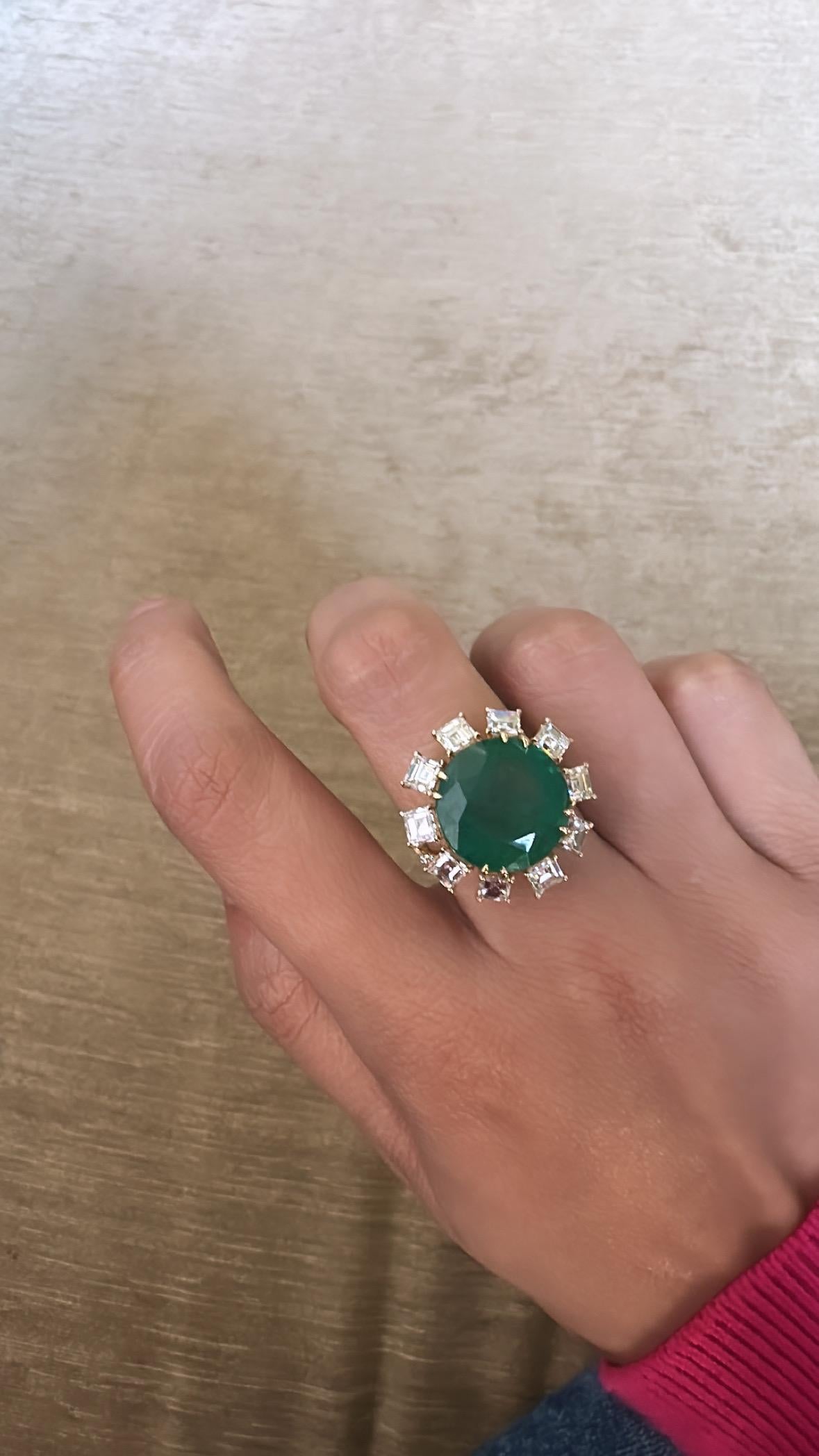 12.39 carats, natural Zambian Emerald & Yellow princess Diamonds Cocktail Ring For Sale 2