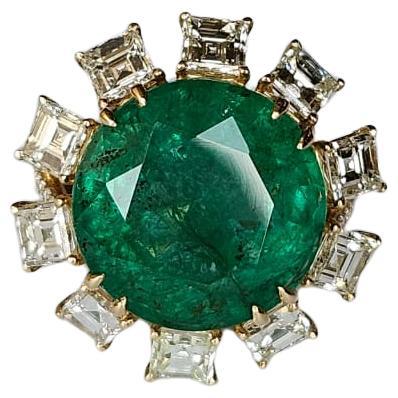 12.39 carats, natural Zambian Emerald & Yellow princess Diamonds Cocktail Ring