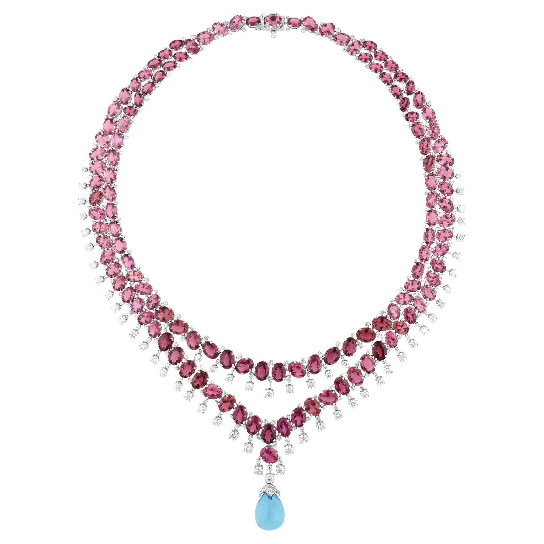 123.98 TCW Tourmaline rose Diamond Blue Topaz Drop Necklace Fine 14k White Gold