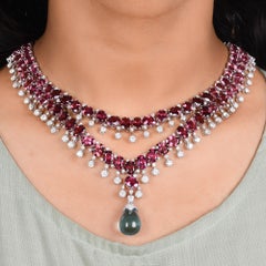 123.98 TCW Pink Tourmaline Diamond Blue Topaz Drop Necklace Fine 18k White Gold