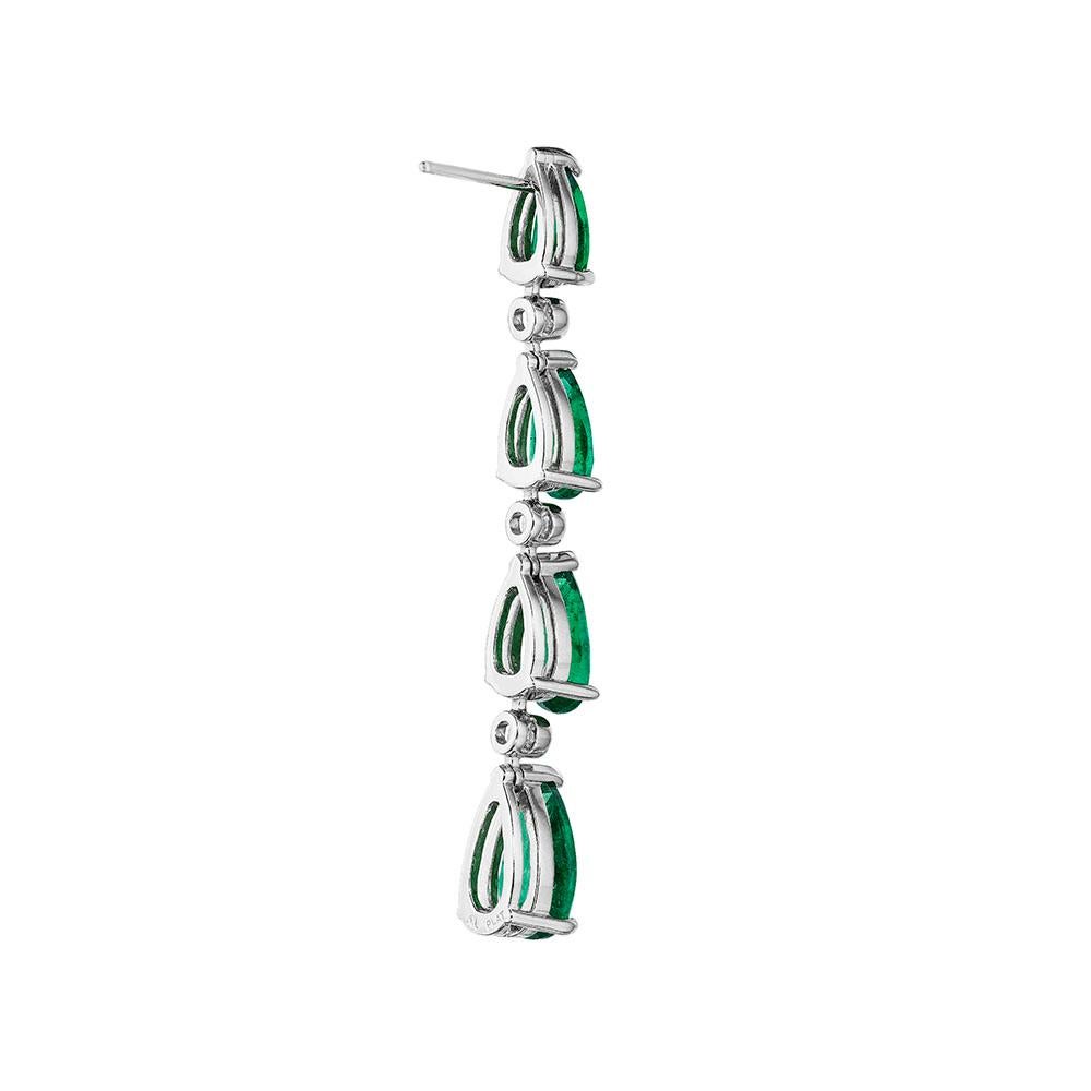 Modern 12.39ct Pear Shape Emerald & Round Diamond Earrings in Platinum For Sale