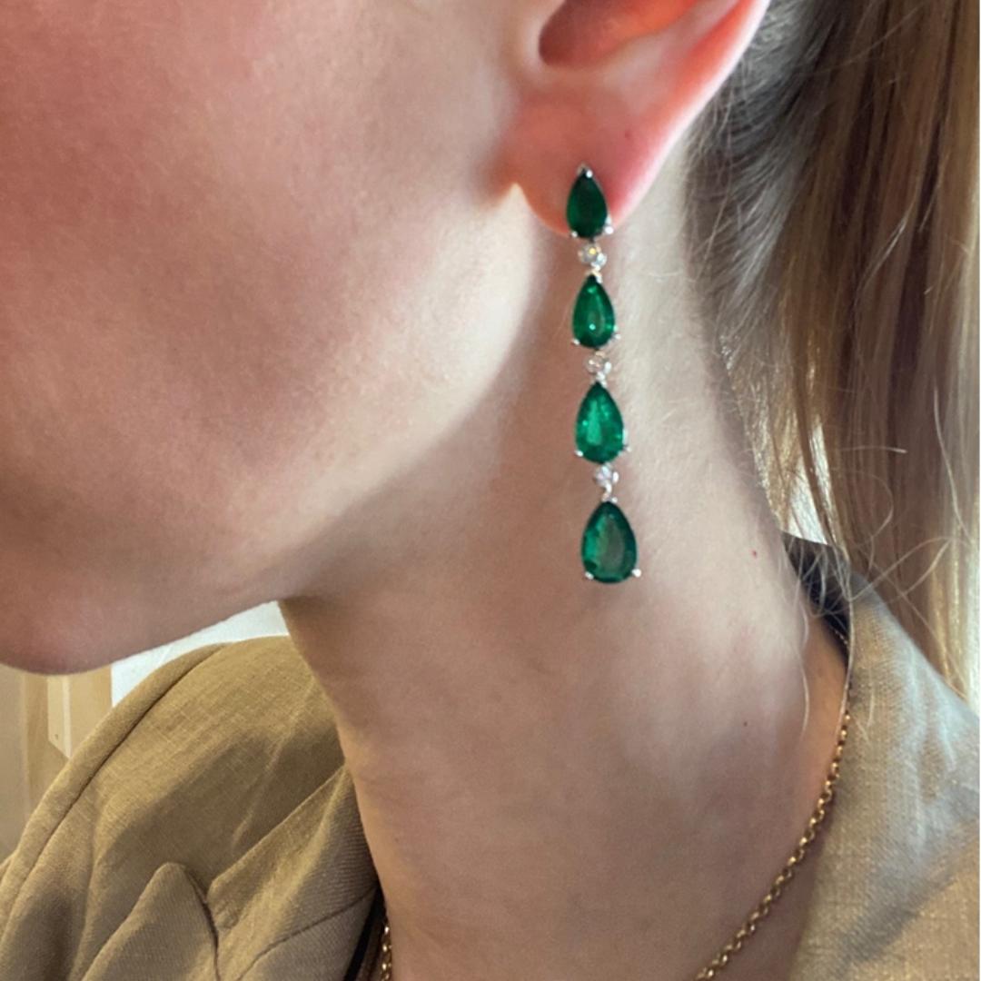 12.39ct Pear Shape Emerald & Round Diamond Earrings in Platinum In New Condition For Sale In New York, NY