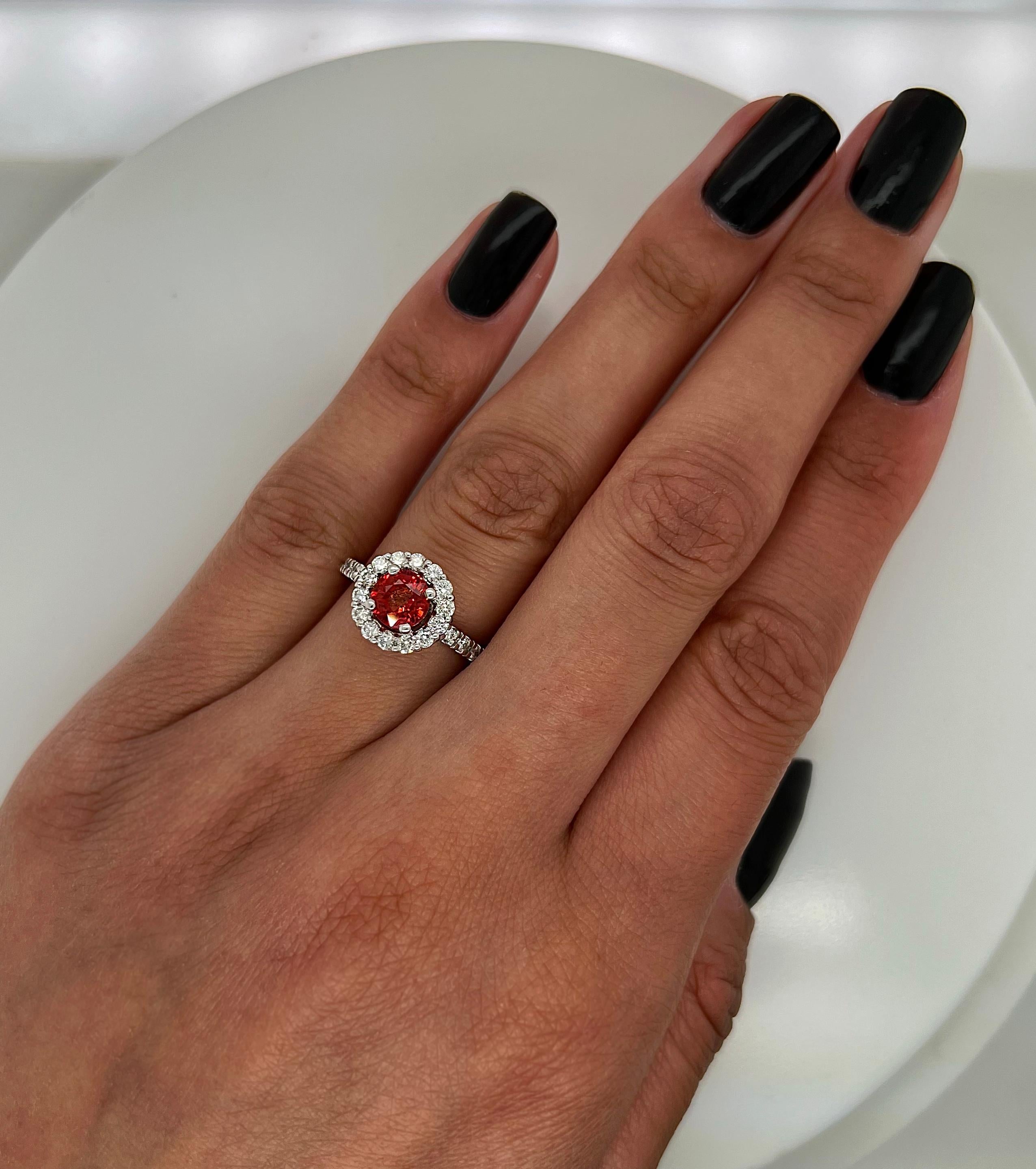 Round Cut 1.82 Total Carat Orange Sapphire Diamond Halo Engagement Ring For Sale