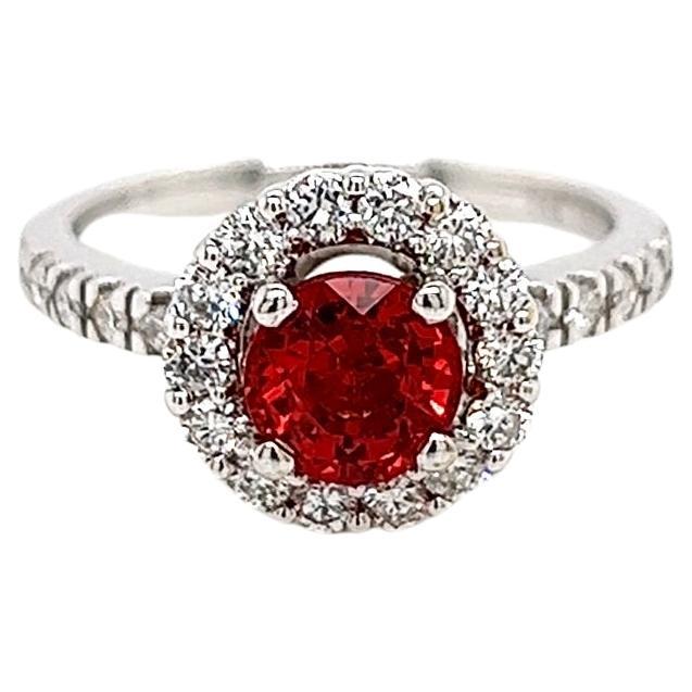 1.82 Total Carat Orange Sapphire Diamond Halo Engagement Ring For Sale