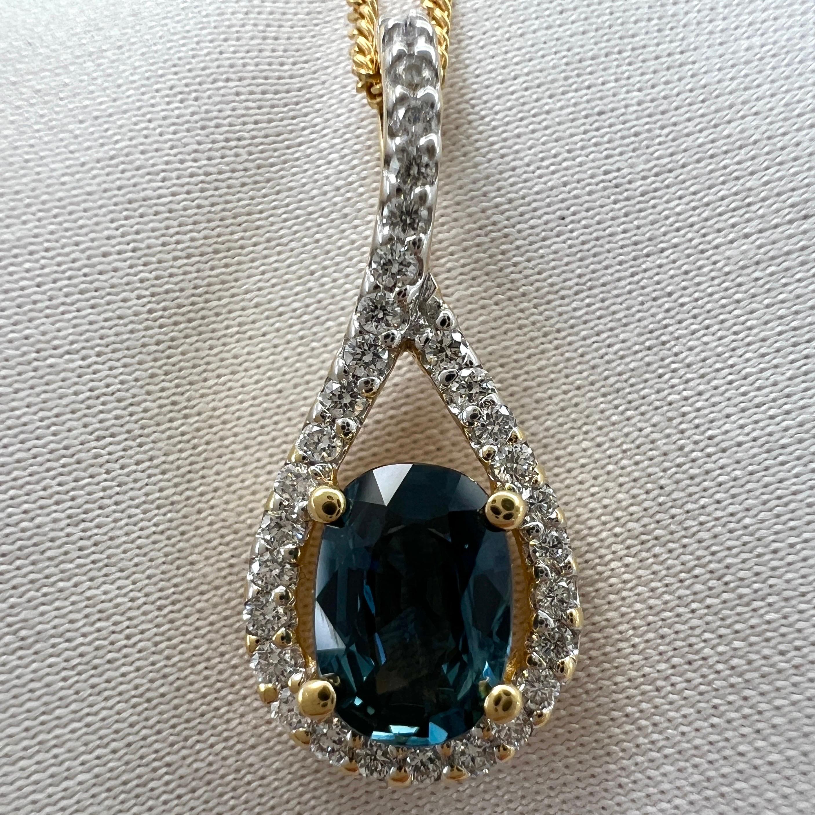 Oval Cut 1.23 Carat Deep Blue Sapphire & Diamond Crossover 18k Gold Oval Pendant Necklace For Sale