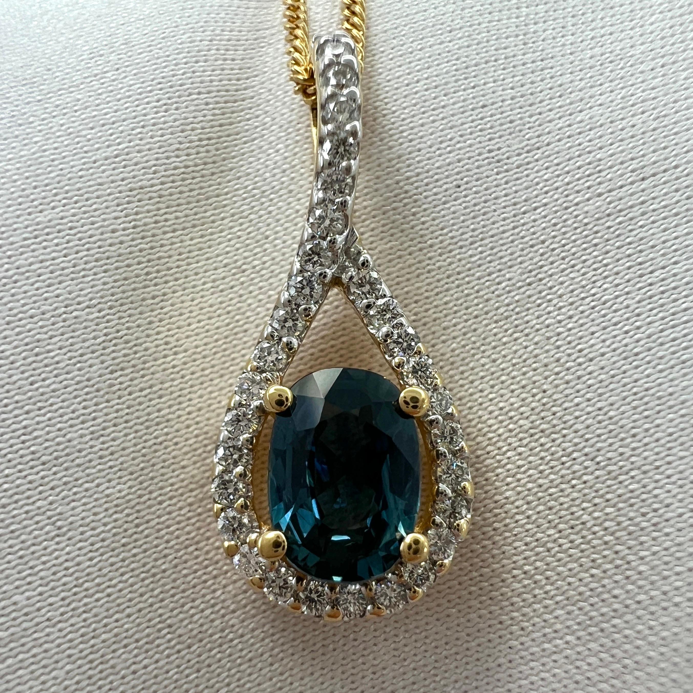 Women's or Men's 1.23 Carat Deep Blue Sapphire & Diamond Crossover 18k Gold Oval Pendant Necklace For Sale
