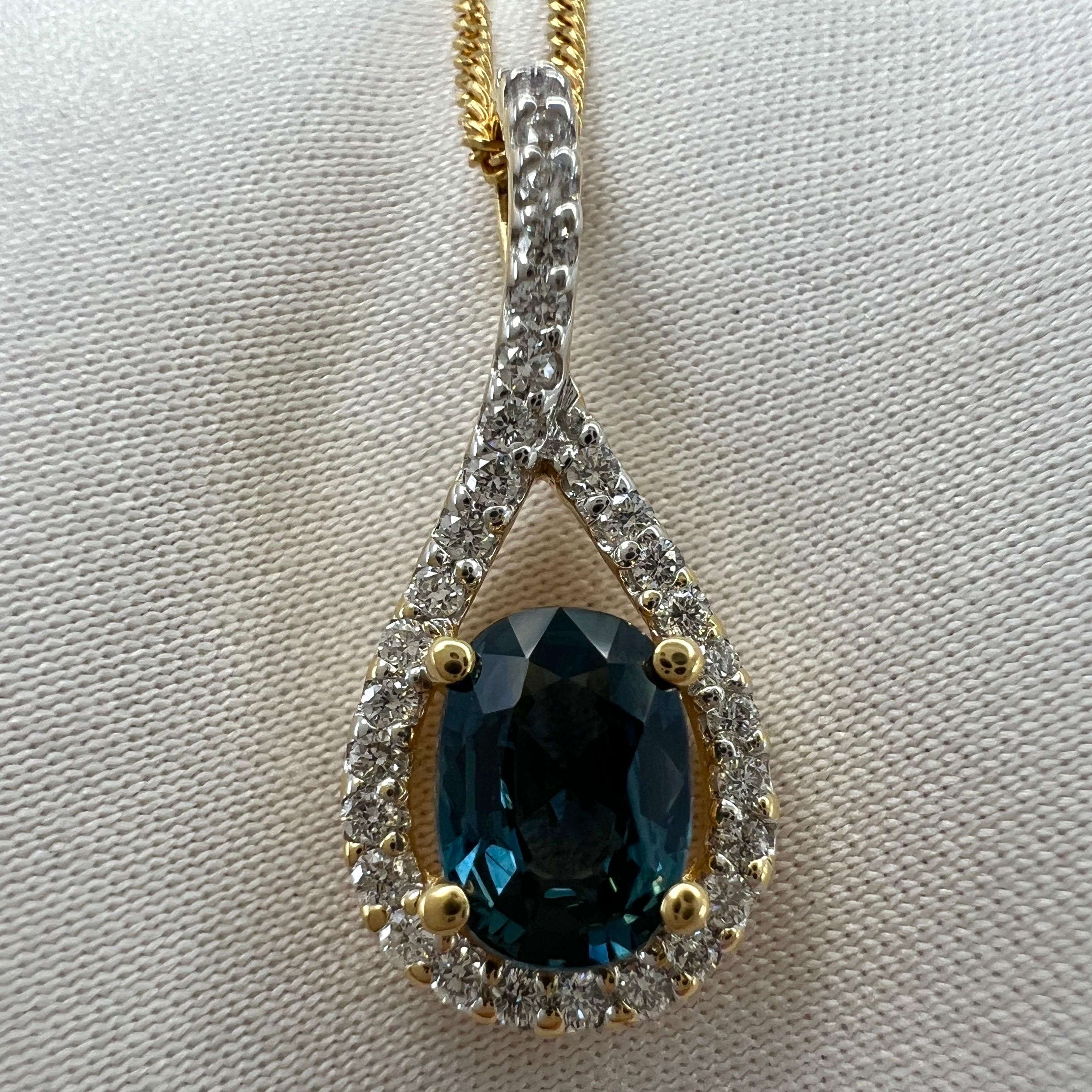 1.23 Carat Deep Blue Sapphire & Diamond Crossover 18k Gold Oval Pendant Necklace For Sale 1