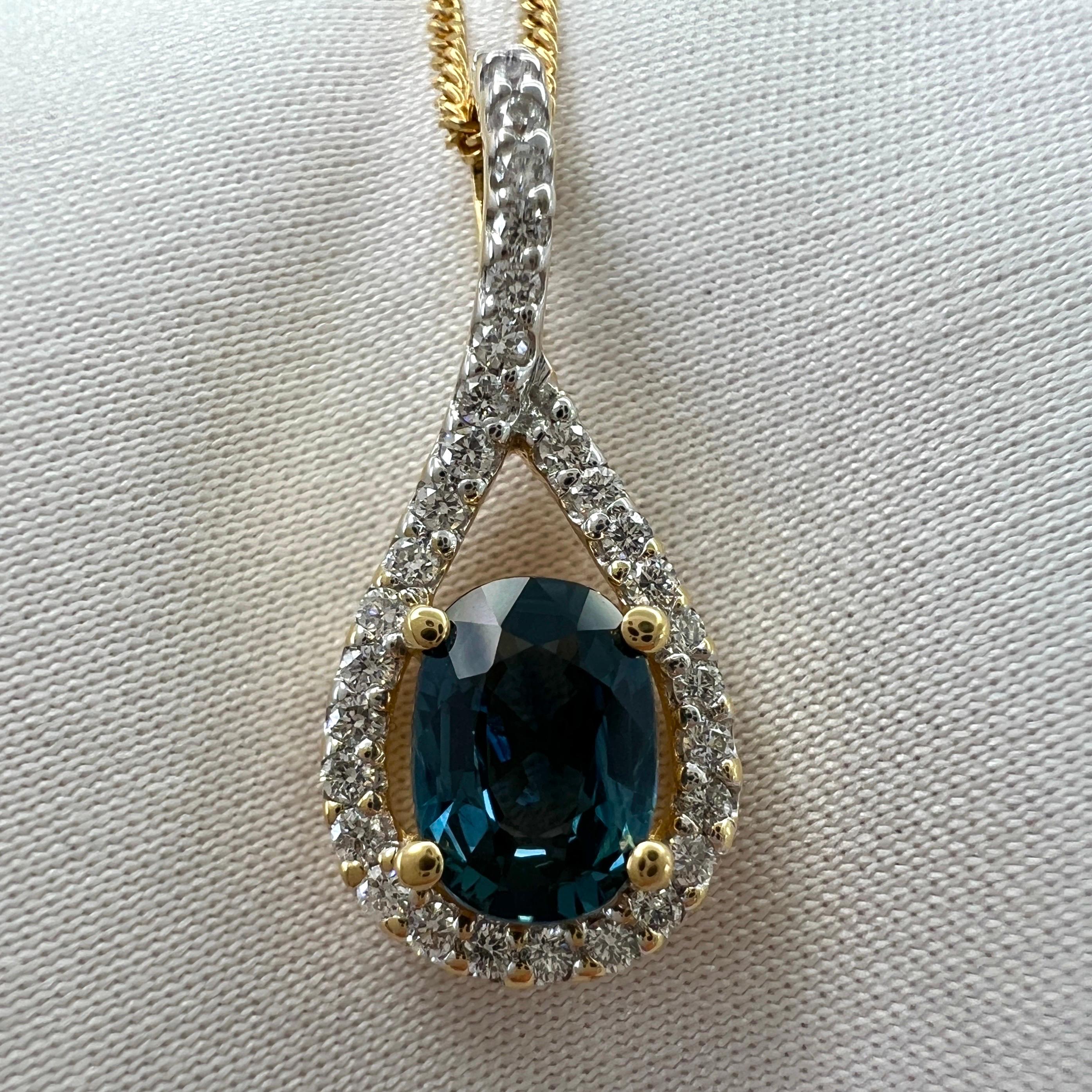 1.23 Carat Deep Blue Sapphire & Diamond Crossover 18k Gold Oval Pendant Necklace For Sale 3