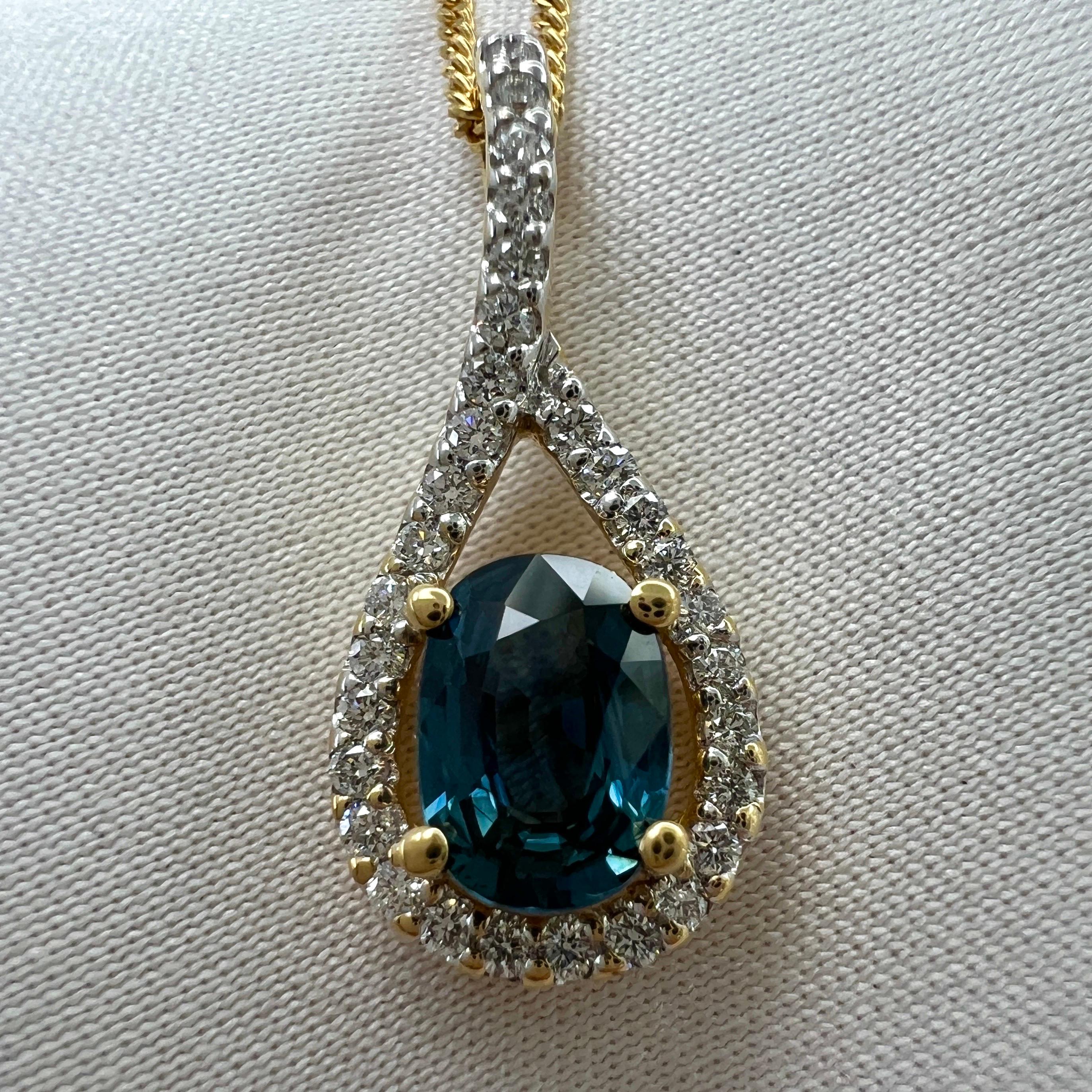 1.23 Carat Deep Blue Sapphire & Diamond Crossover 18k Gold Oval Pendant Necklace For Sale 4