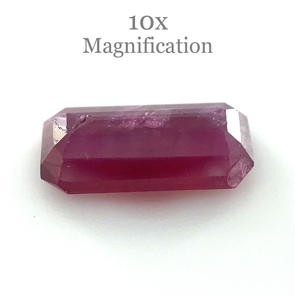 Description:

Gem Type: Ruby
Number of Stones: 1
Weight: 1.23 cts
Measurements: 8.50x4.50x2.50 mm
Shape: Emerald Cut
Cutting Style Crown: Step Cut
Cutting Style Pavilion: Step Cut
Transparency: Transparent
Clarity: Moderately Included: Inclusions