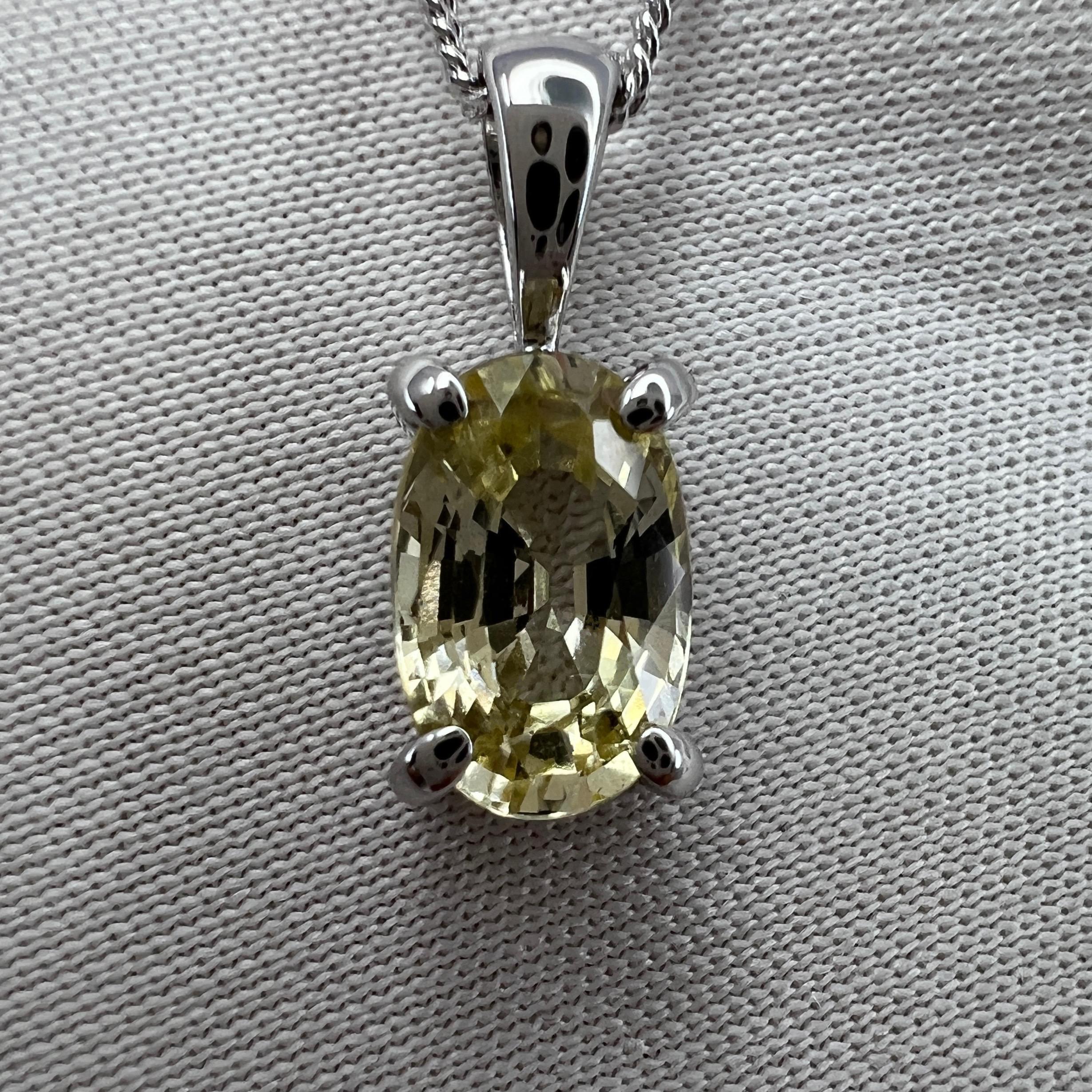 Natural GIA Certified Untreated Yellow Ceylon Sapphire 18k White Gold Pendant Necklace.

1.23 Carat oval cut Sapphire with a stunning bright yellow colour and excellent clarity. Very clean stone.

Comes fully certified by GIA. Confirming stone as