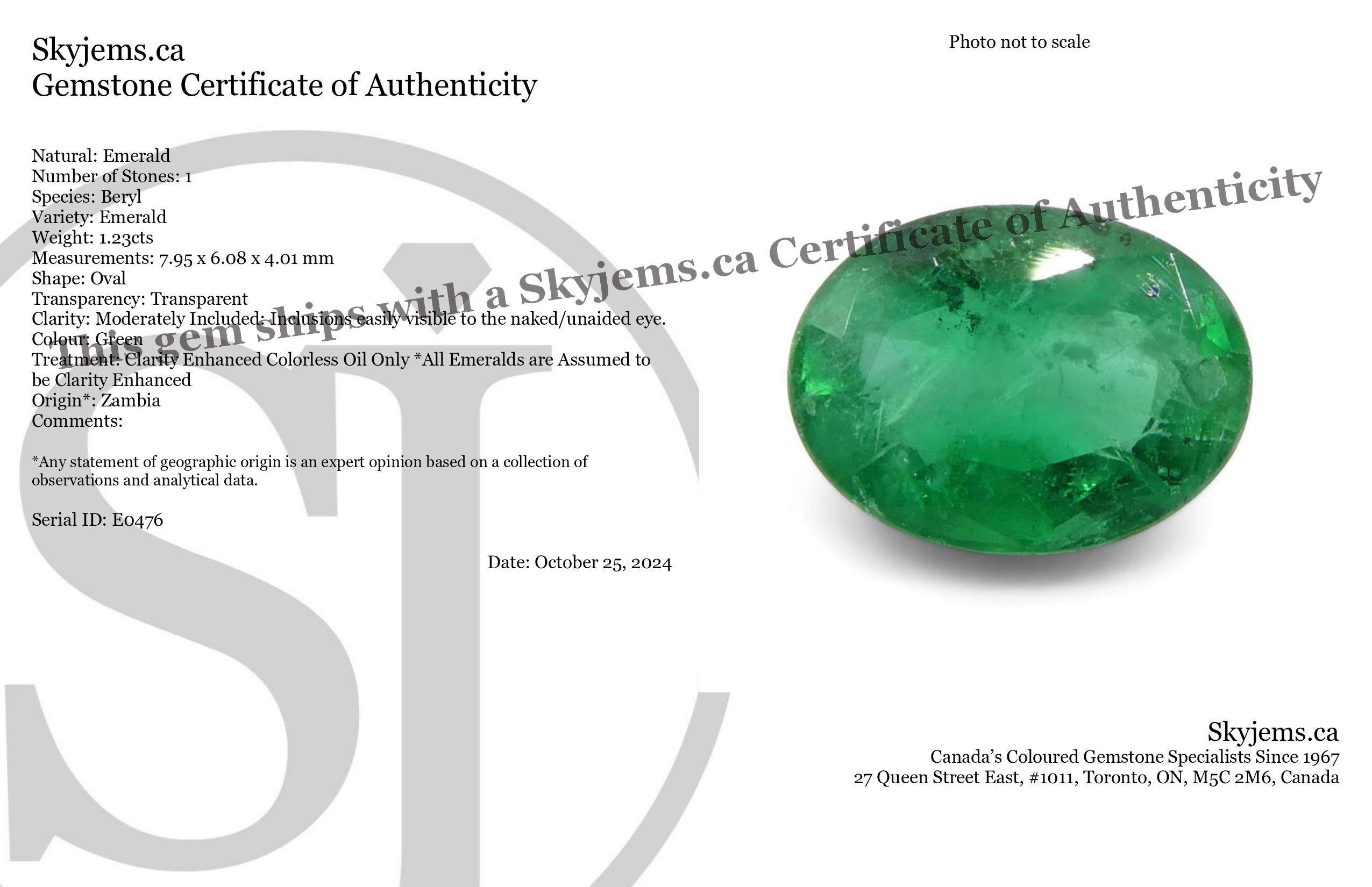 Descripción:

Tipo de gema: Esmeralda 
Número de Piedras: 1
Peso: 1,23 cts
Medidas: 7,95 x 6,08 x 4,01 mm
Forma: Oval
Corte Estilo Corona: Corte Brillante
Pabellón del Estilo de Corte: Corte Escalonado 
Transparencia: Transparente
Claridad: