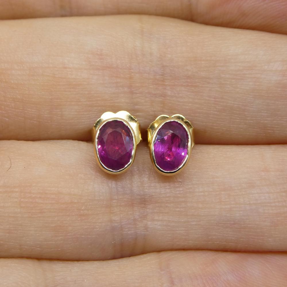 1.23ct Oval Red Ruby Stud Earrings set in 14k Yellow Gold For Sale 1