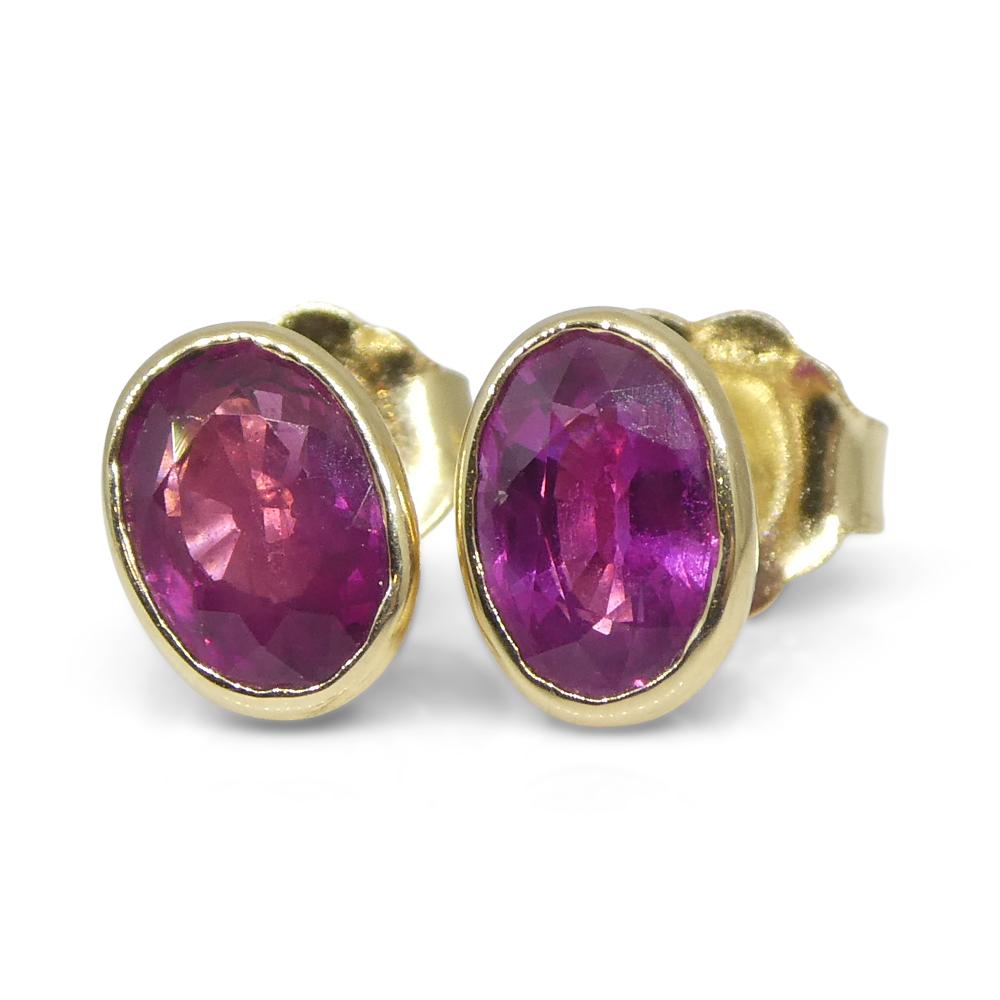 1.23ct Oval Red Ruby Stud Earrings set in 14k Yellow Gold For Sale 3