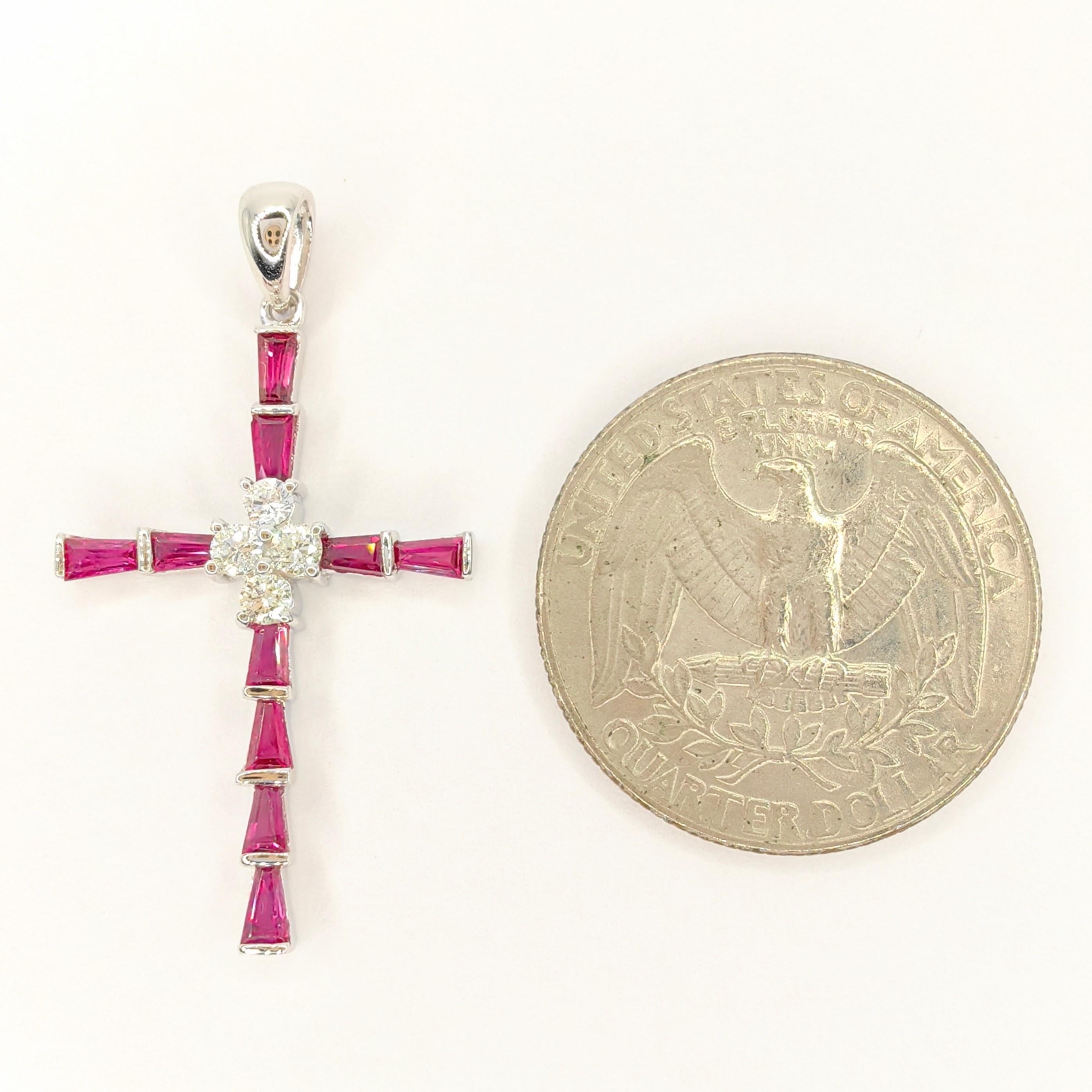 Tapered Baguette 1.22ct Pigeon Blood Ruby & Diamond Cross Necklace Pendant in 18K White Gold For Sale