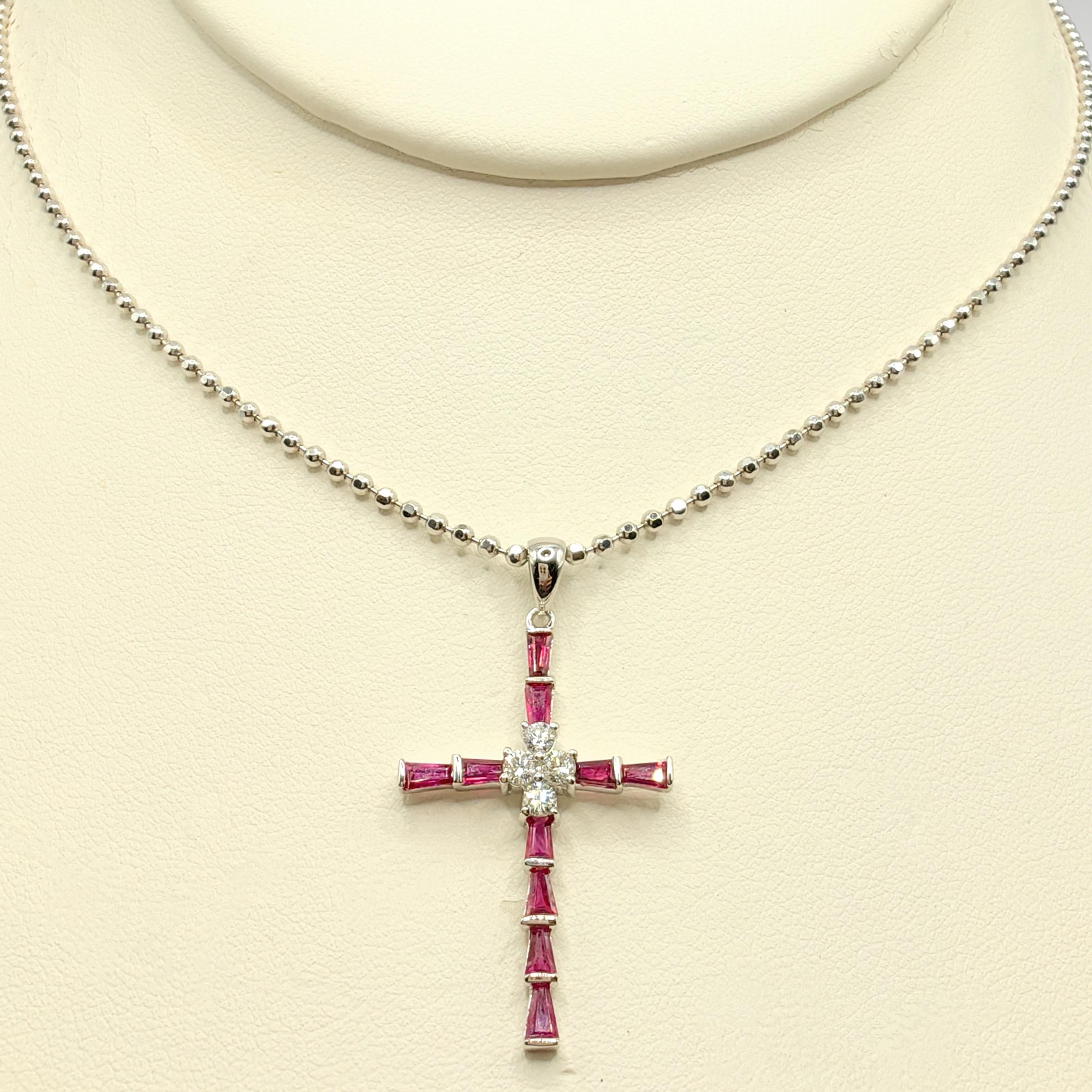 Women's 1.22ct Pigeon Blood Ruby & Diamond Cross Necklace Pendant in 18K White Gold For Sale