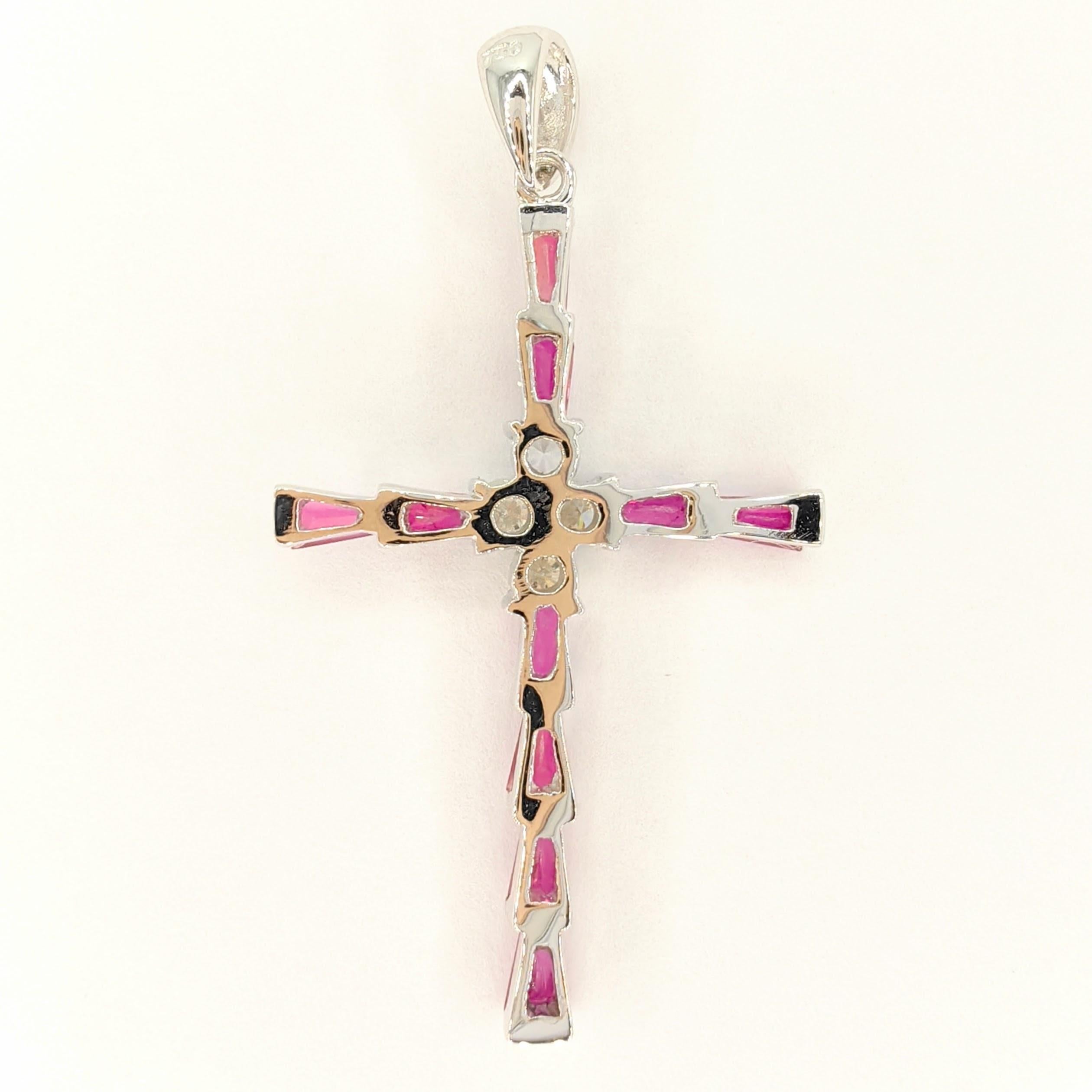 Contemporary 1.22ct Pigeon Blood Ruby & Diamond Cross Necklace Pendant in 18K White Gold For Sale