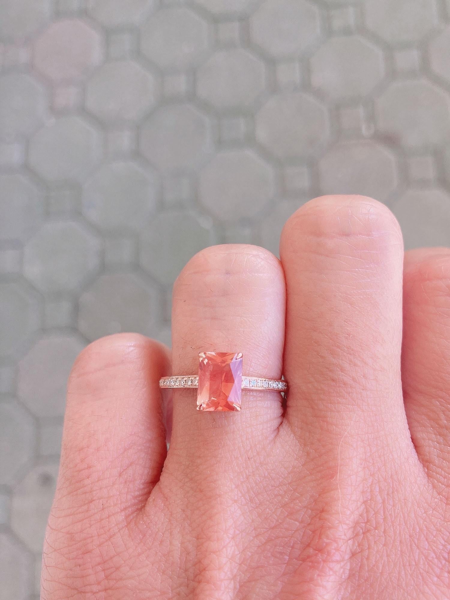 Square Cut 1.23ct Red Oregon Sunstone with Diamond Pave Band 14K Rose Gold Engagement Ring