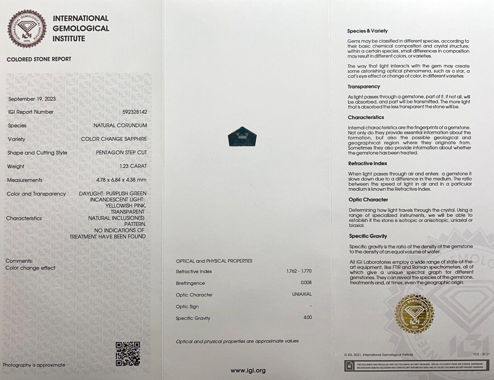 1.23 Karat unbehandelter Farbwechsel-Saphir Pentagon-Schliff Grün Blau IGI-zertifiziert im Angebot 13