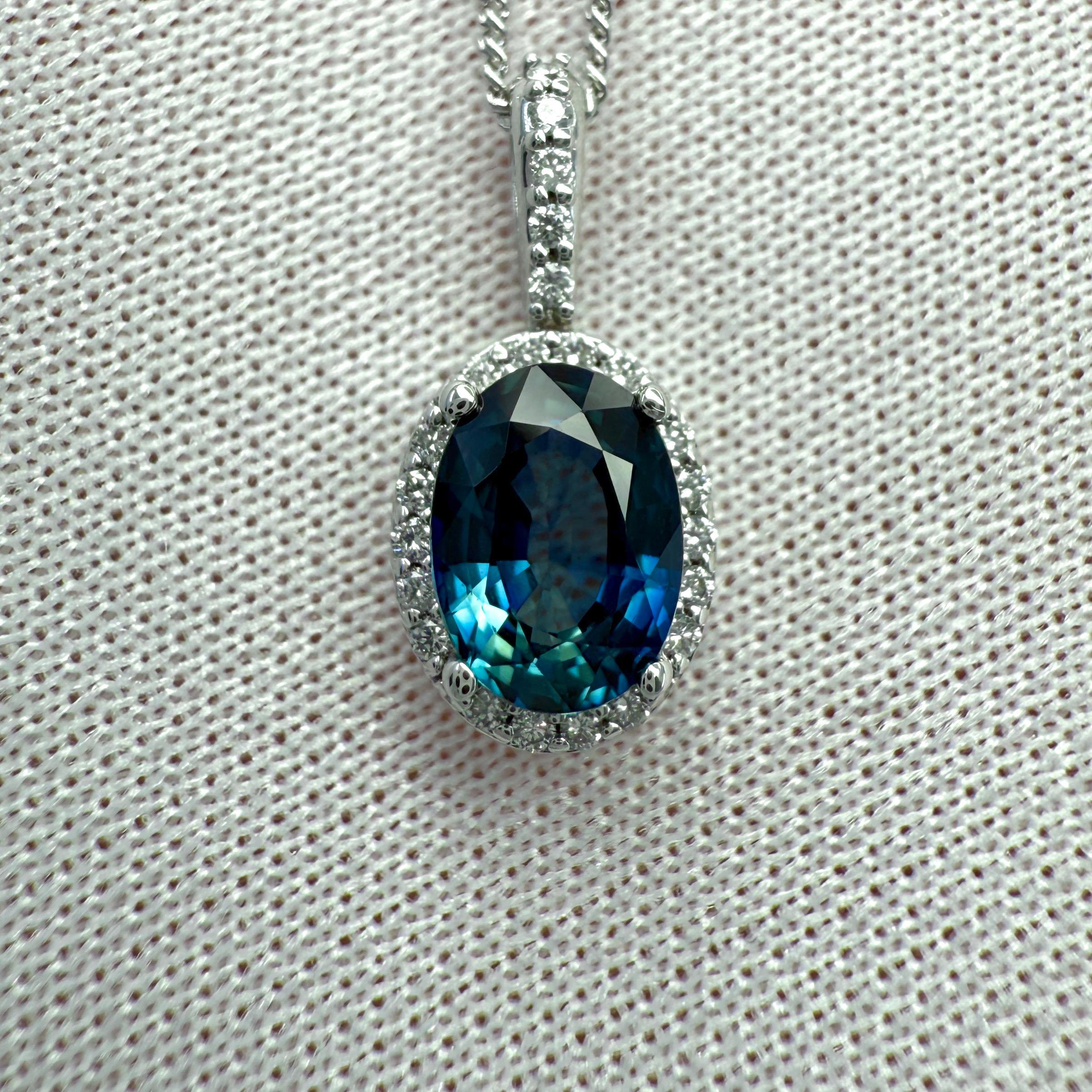 1.23ct Vivid Blue Oval Cut Sapphire And Diamond 14k White Gold Halo Pendant For Sale 3