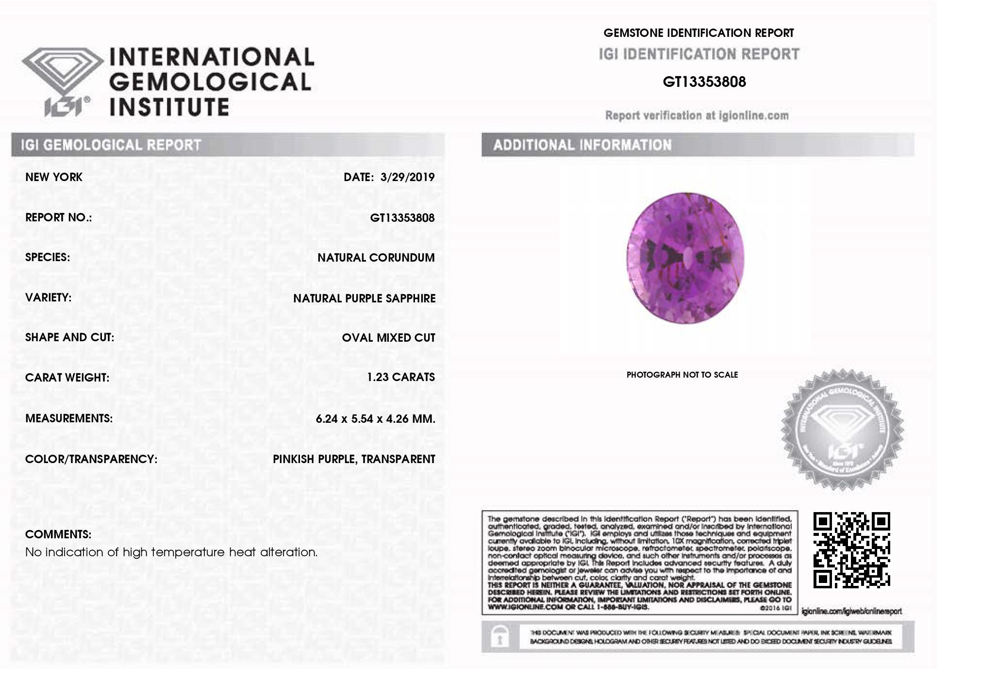 1.23ct Vivid Pinkish Purple Sapphire Oval IGI Certified For Sale 2