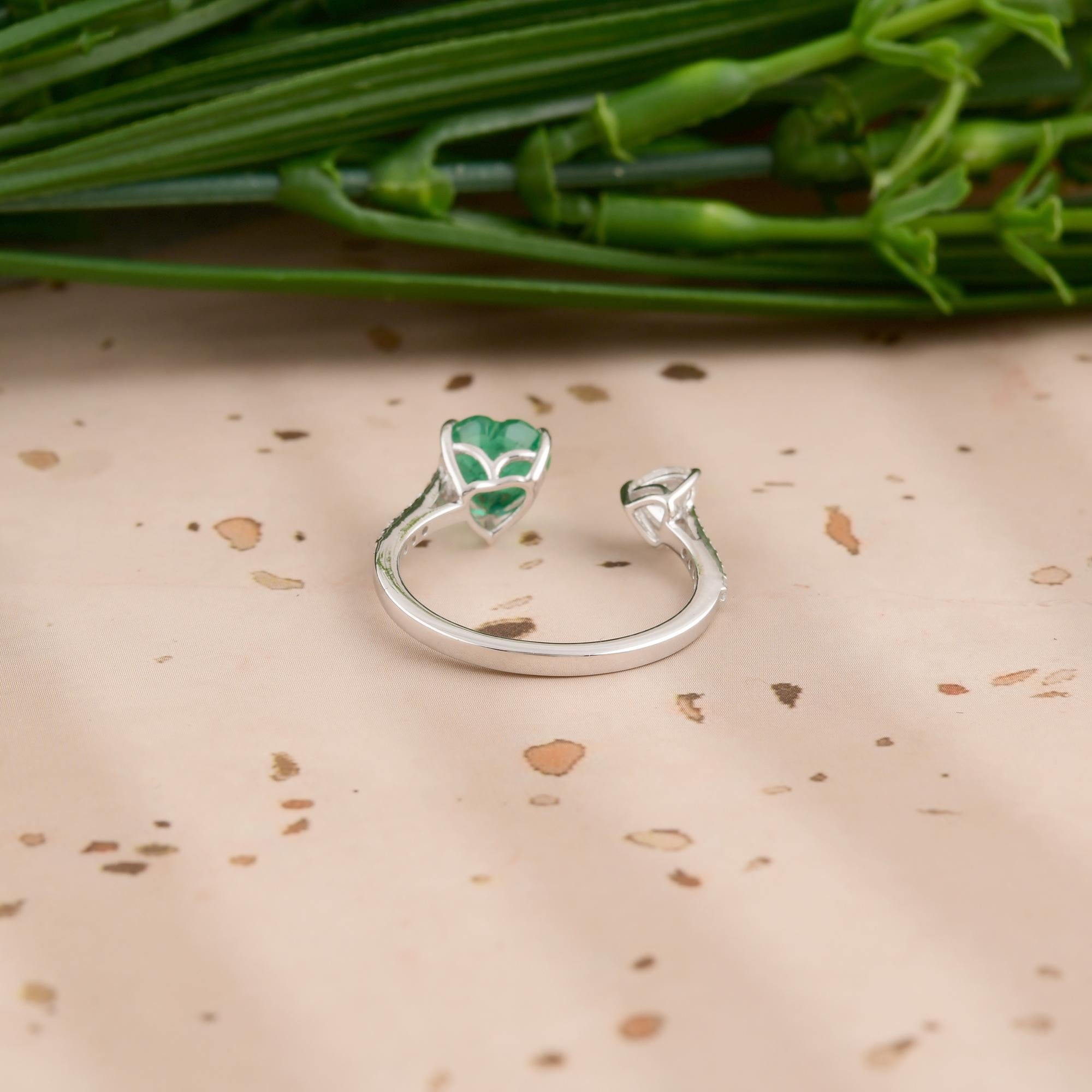 For Sale:  1.23ct Zambian Emerald 0.43ct Diamond Toi et Moi Open Band Ring 18k White Gold 5