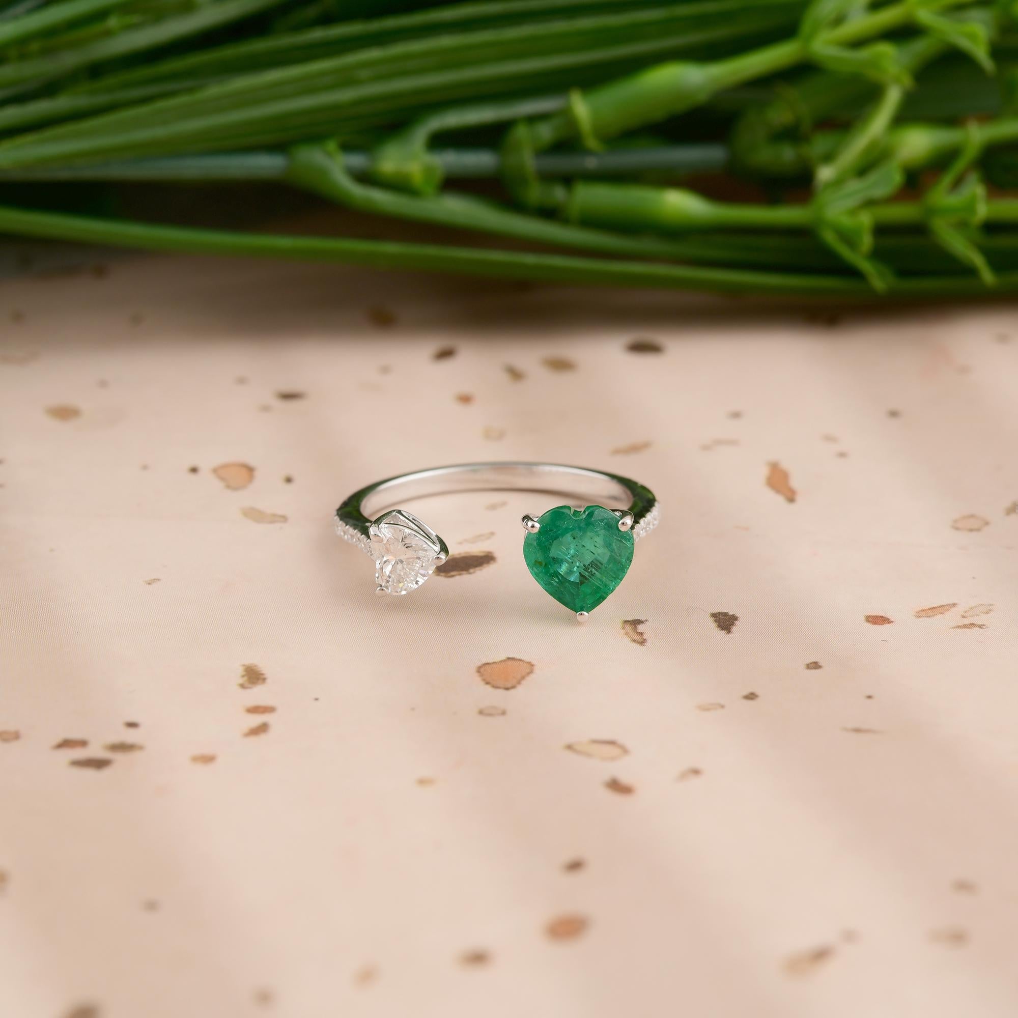 For Sale:  1.23ct Zambian Emerald 0.43ct Diamond Toi et Moi Open Band Ring 18k White Gold 6