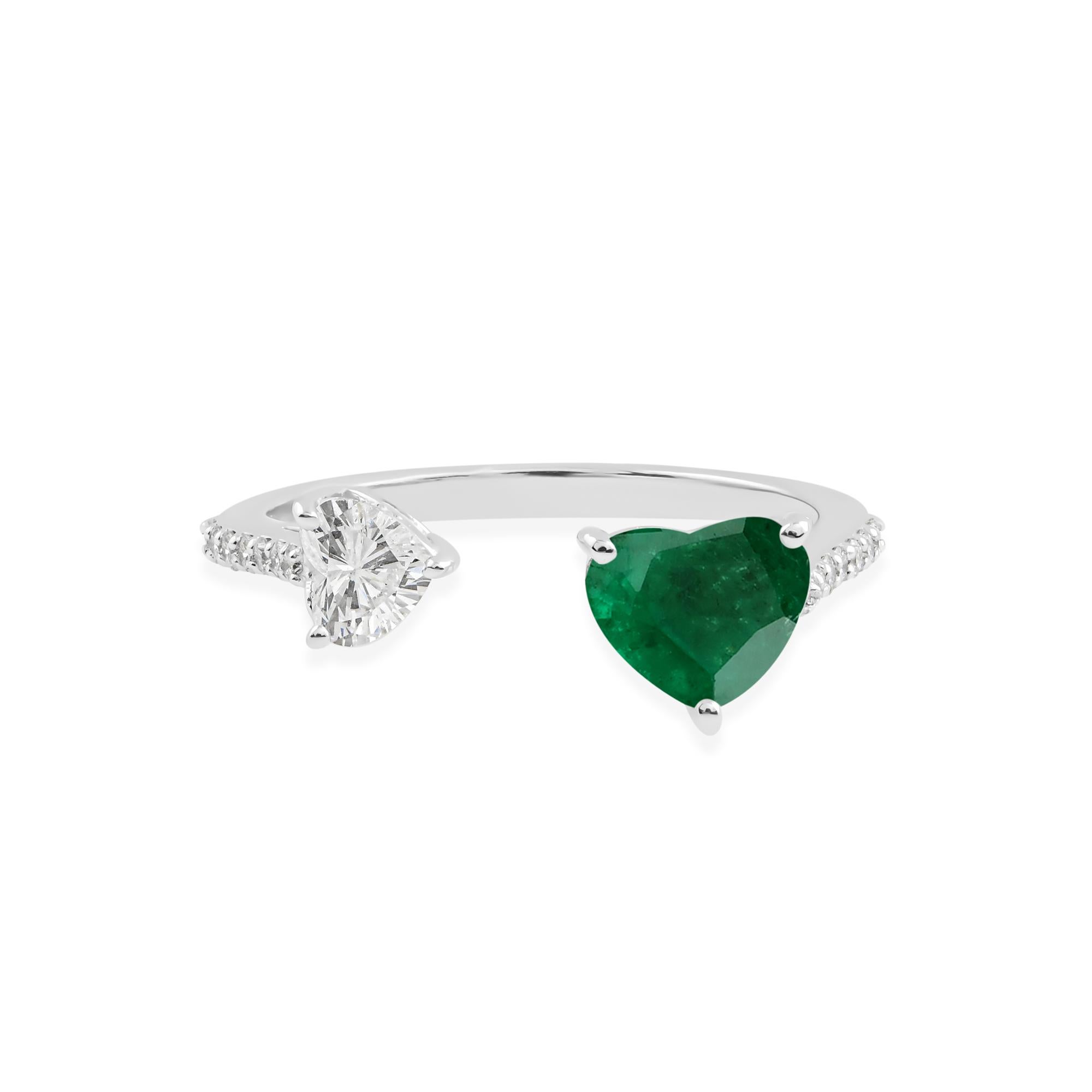 For Sale:  1.23ct Zambian Emerald 0.43ct Diamond Toi et Moi Open Band Ring 18k White Gold 7