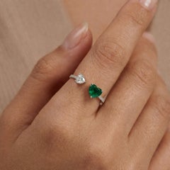 1.23Ct Zambian Emerald 0.43Ct Diamond Toi et Moi Ring 18 Karat White Gold
