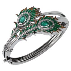 1.23cttw Emerald with 0.86cttw Diamonds Peacock Feathers-Inspired Silver Bangle