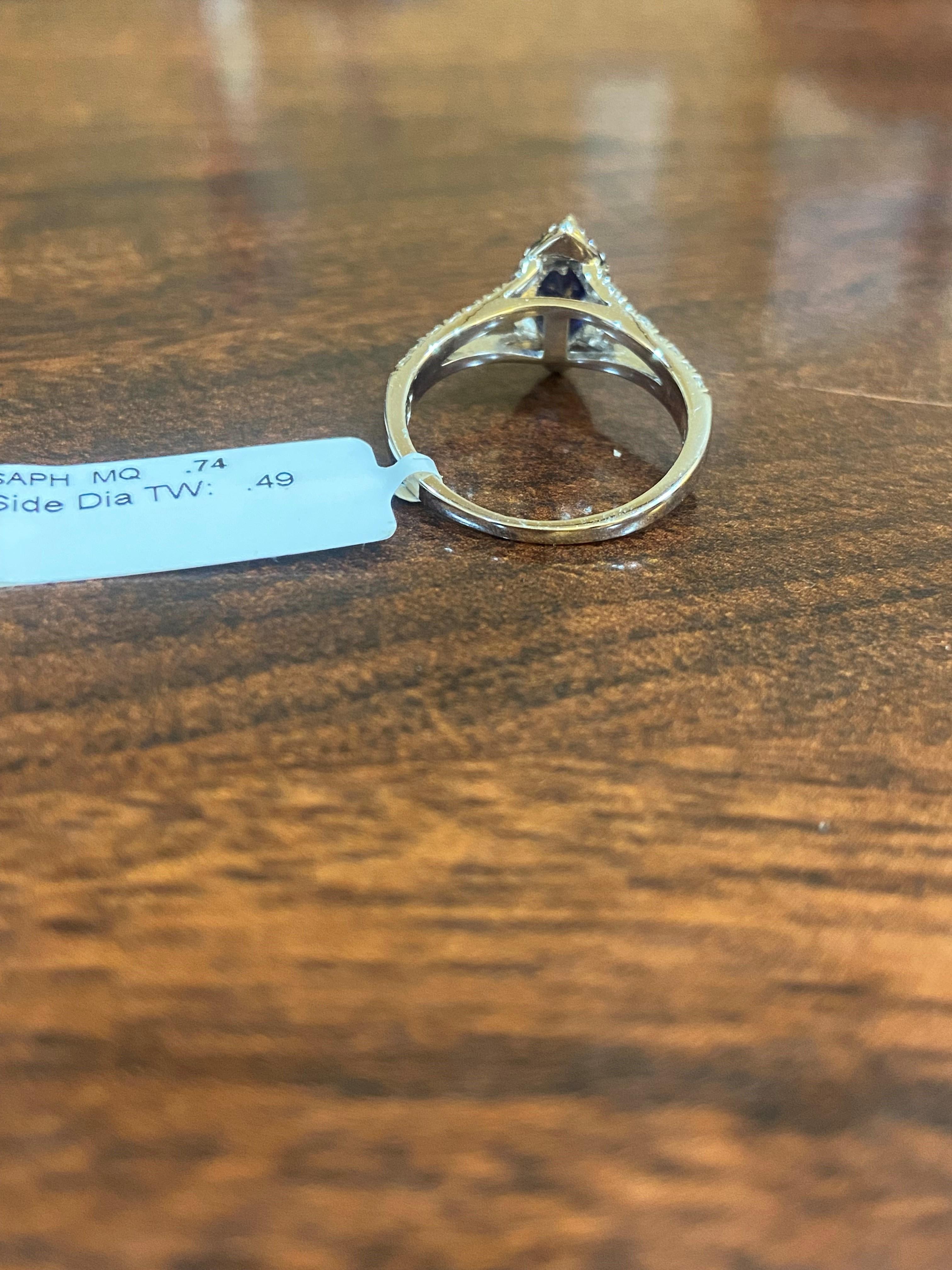 Taille Marquise Bague en or 14 carats avec saphir marquise et diamant rond de 1,23 carat poids total en vente