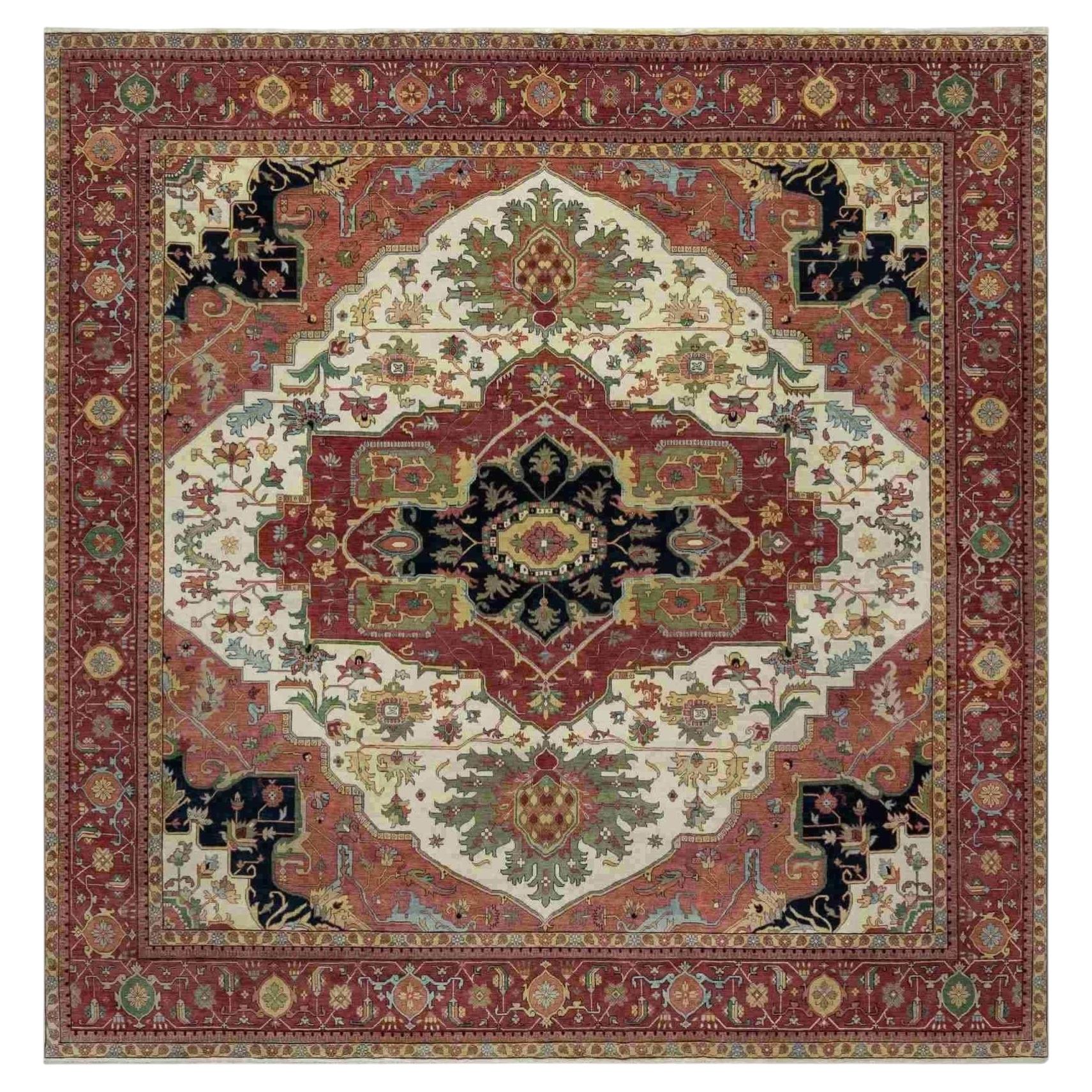 12'3"x12'3" White Antiqued Fine Heriz Re-Creation Hand Knotted Wool Square Rug For Sale