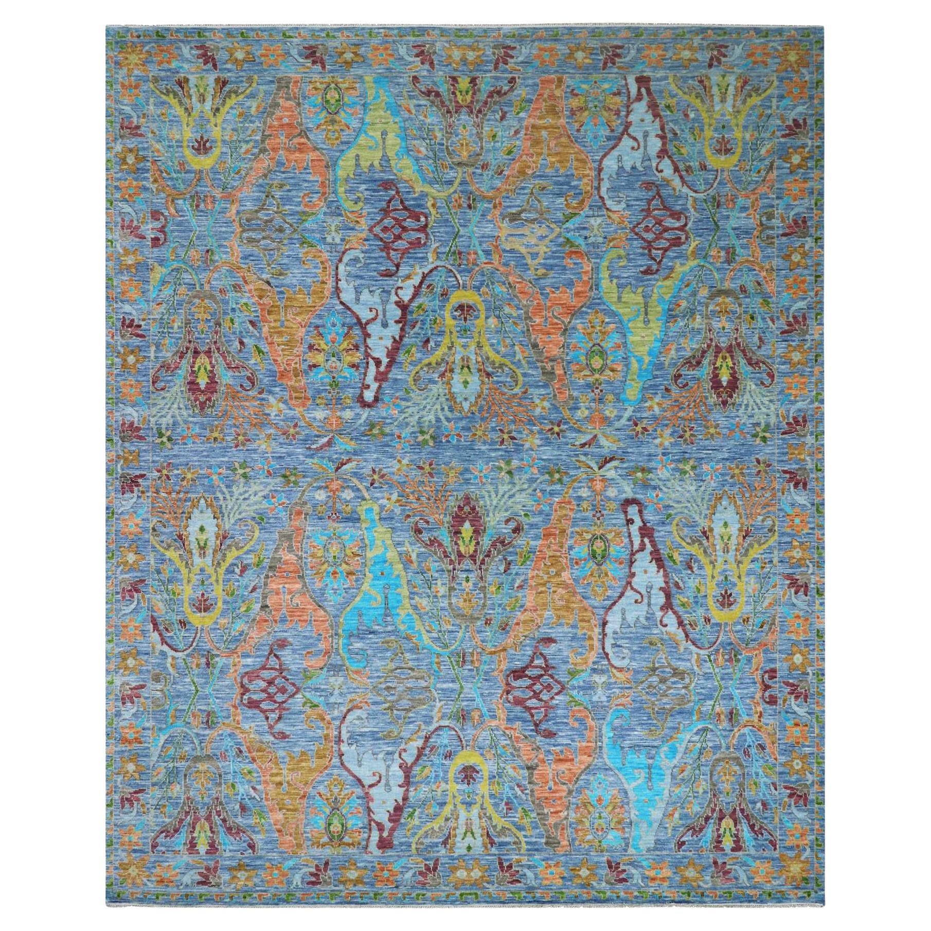 12'3 "x15' Tappeto blu interamente in lana con trama Oushak colorata e design Bijar annodato a mano in vendita