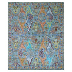 12'3 "x15' Tappeto blu interamente in lana con trama Oushak colorata e design Bijar annodato a mano