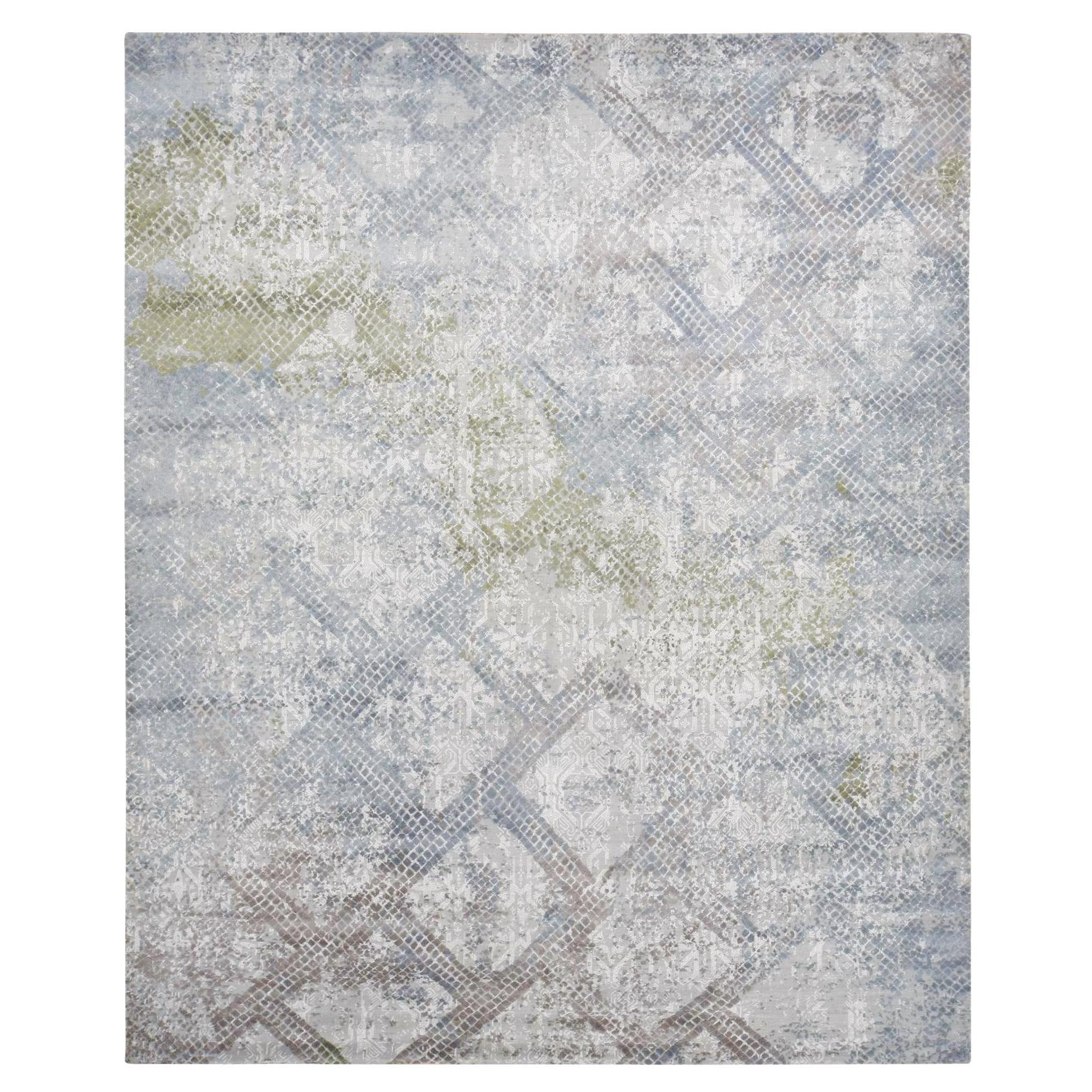 12'3"x15'3" Gray, TRELLIS MOSAIC DESIGN, Wool with Silk Hand Knotted Oversized For Sale