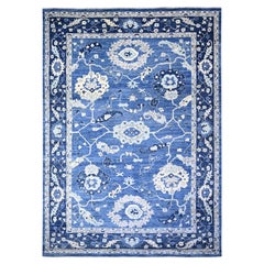 12'3"x17'2" Commodore Blauer handgeknüpfter afghanischer Angora Oushak-Wollteppich