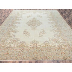 12'3"x21' Ivory Vintage Zoroastrian Karman Worn Down Hand Knotted Wool XL Rug