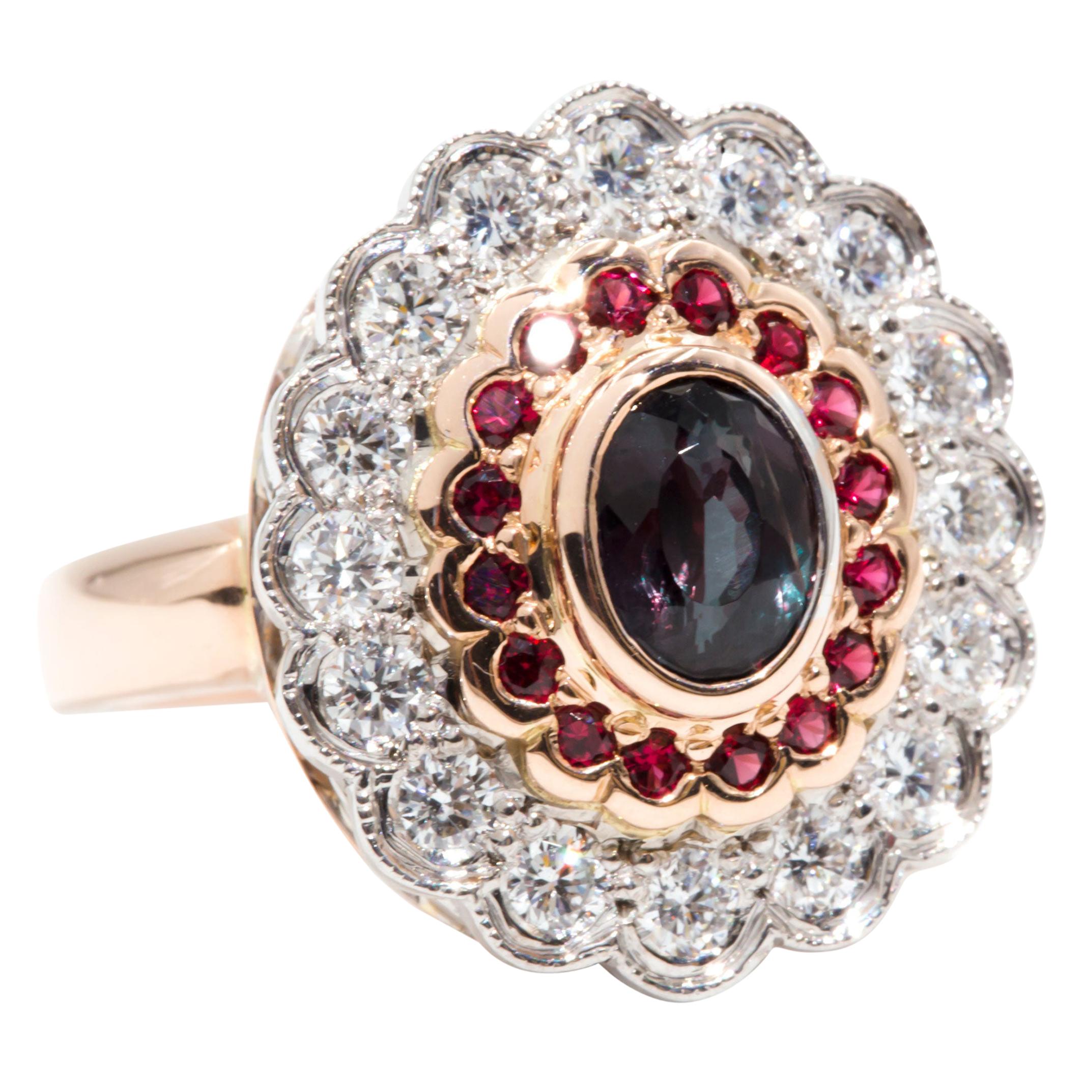 1.24 Carat Alexandrite and Red Spinel and Diamond 18 Carat Gold Cocktail Ring