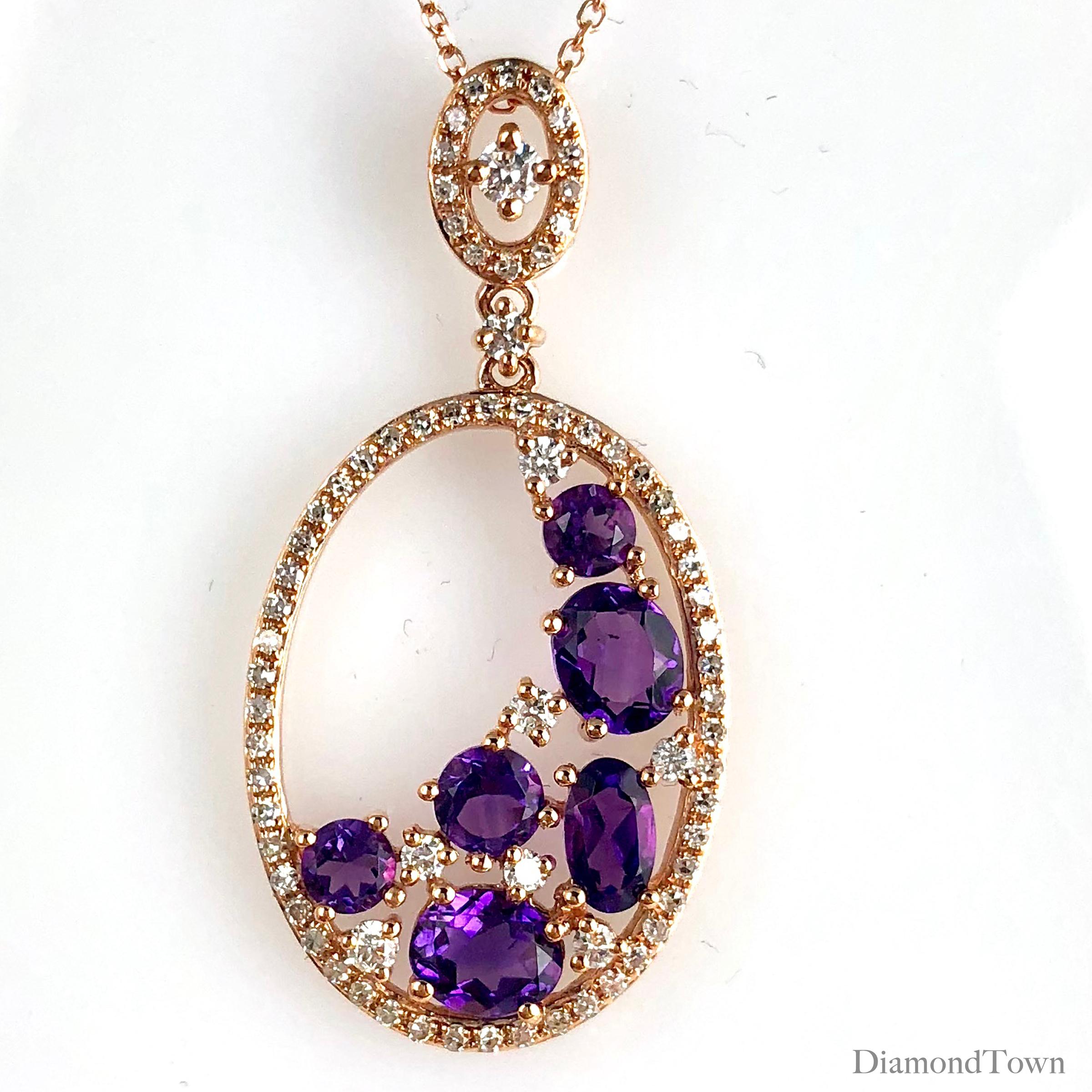 This fashion pendant boasts 1.24 carats beautiful round and oval amethysts, and round diamonds. The pendant's oval shape is formed by a halo of round white diamonds, with additional diamonds in the decorated bail. Total diamond weight 0.36